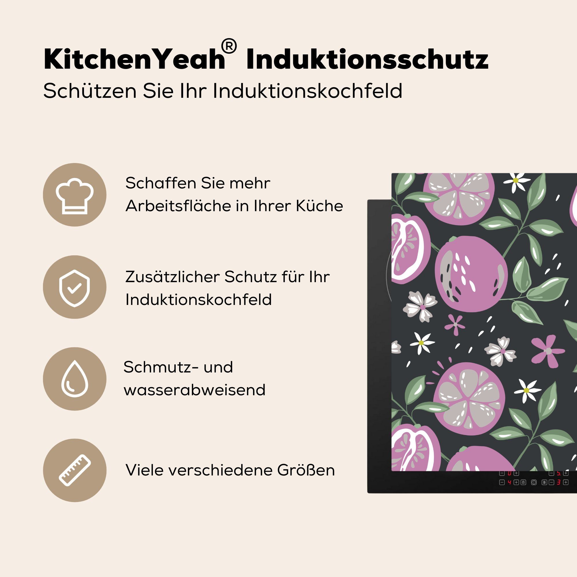 Herdblende-/Abdeckplatte - Blumen cm, Sommer Vinyl, 78x78 Arbeitsplatte (1 MuchoWow - Rosa, tlg), küche Ceranfeldabdeckung, für