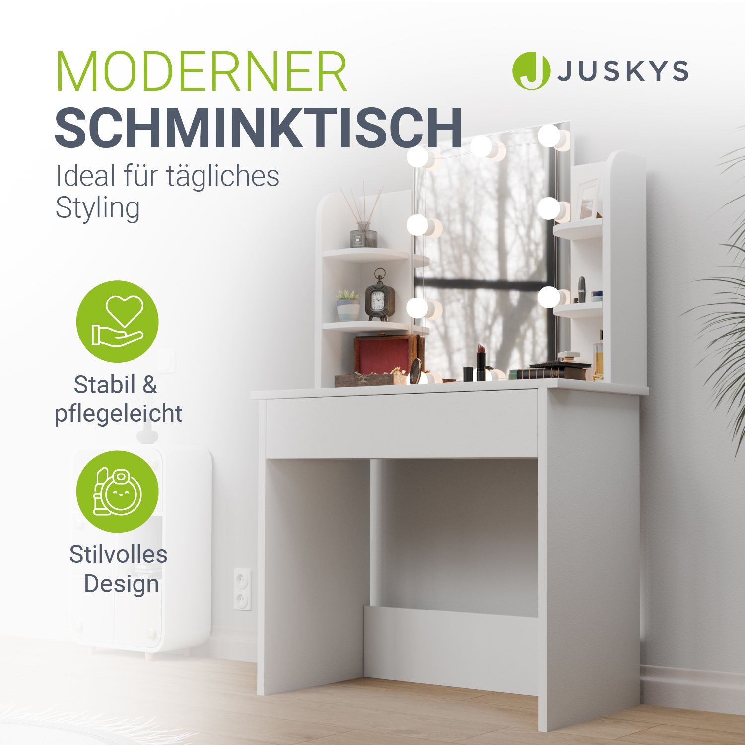 Juskys Schminktisch Zoey, LED-Beleuchtung, viel Stauraum, Ablageflächen günstig online kaufen