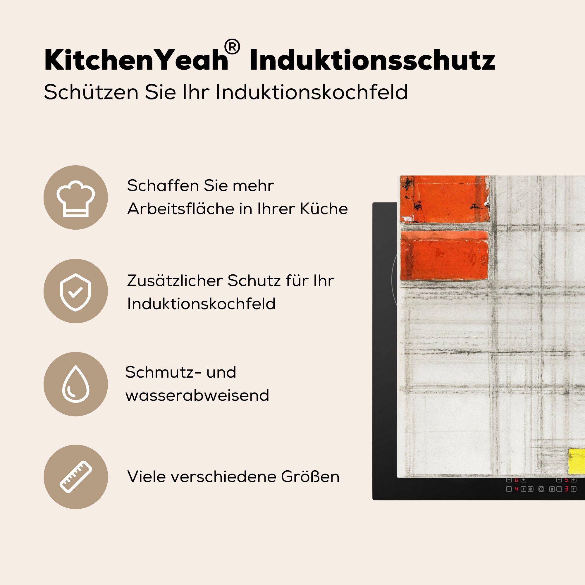 eine küche - MuchoWow Mondrian, Arbeitsplatte Komposition Studie 78x78 für Ceranfeldabdeckung, Herdblende-/Abdeckplatte (1 cm, tlg), für Vinyl, Piet