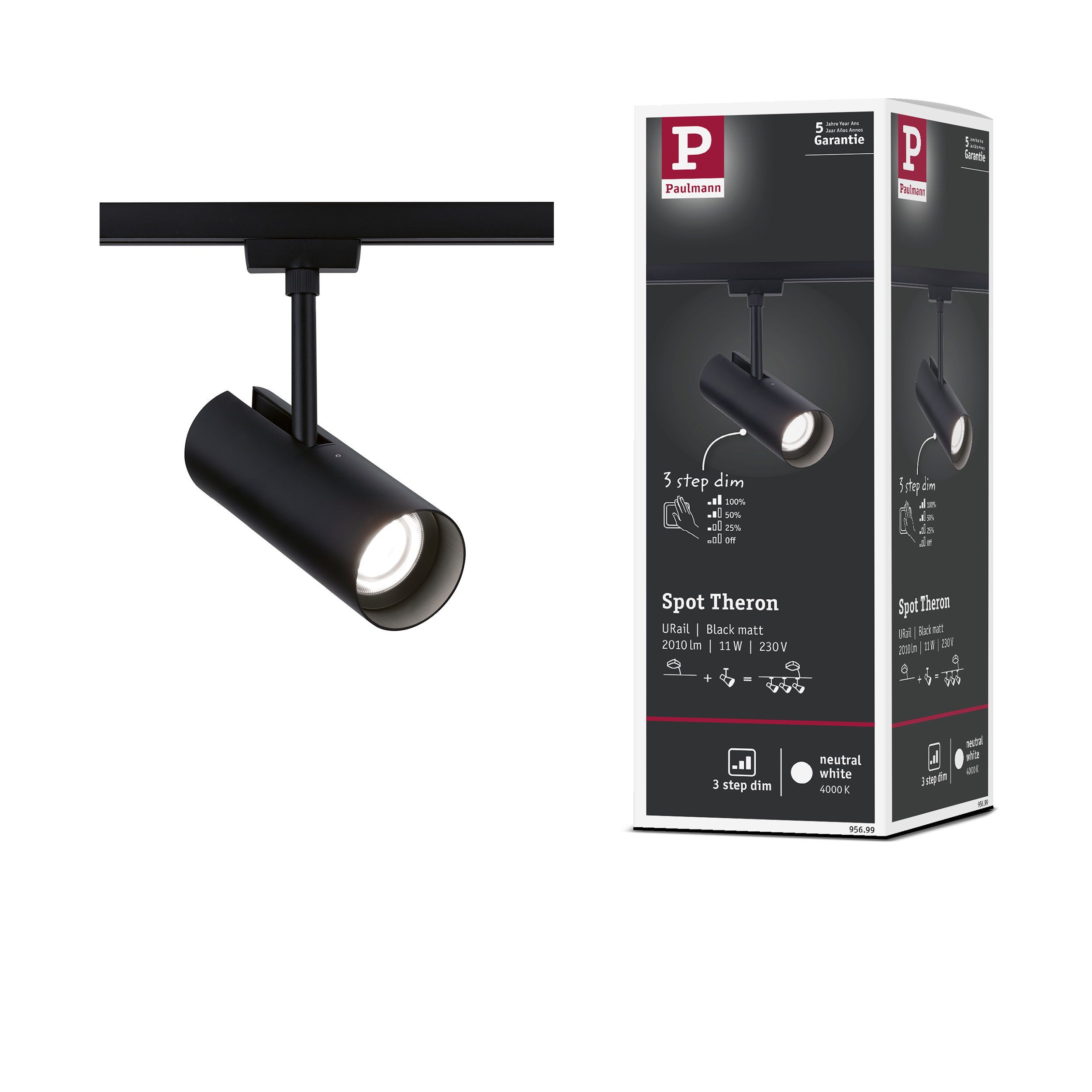 Paulmann Schienensystem-Leuchten Theron 1100lm 11W 4000K dimmbar 230V, Memoryfunktion, mehrere Helligkeitsstufen, LED fest integriert, Neutralweiß, 3-Step-Dim