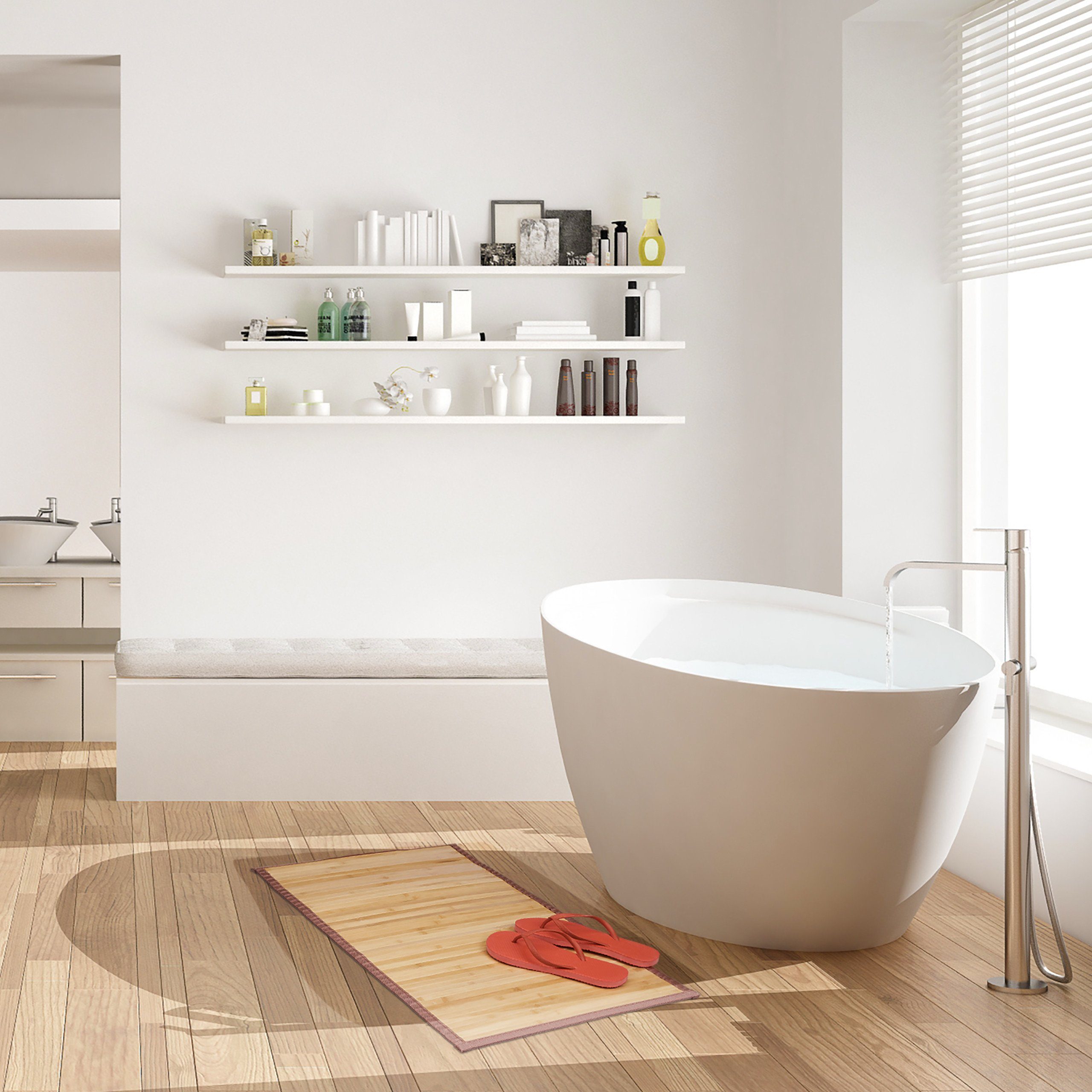 relaxdays Badematte Bambusmatte natur, Höhe 4 mm, Vielseitig einsetzbar, Rutschhemmende Unterseite, Umlaufender Textilrand, Aus Bambus, Feuchtigkeitsresistent,  – Bild 5 von 5