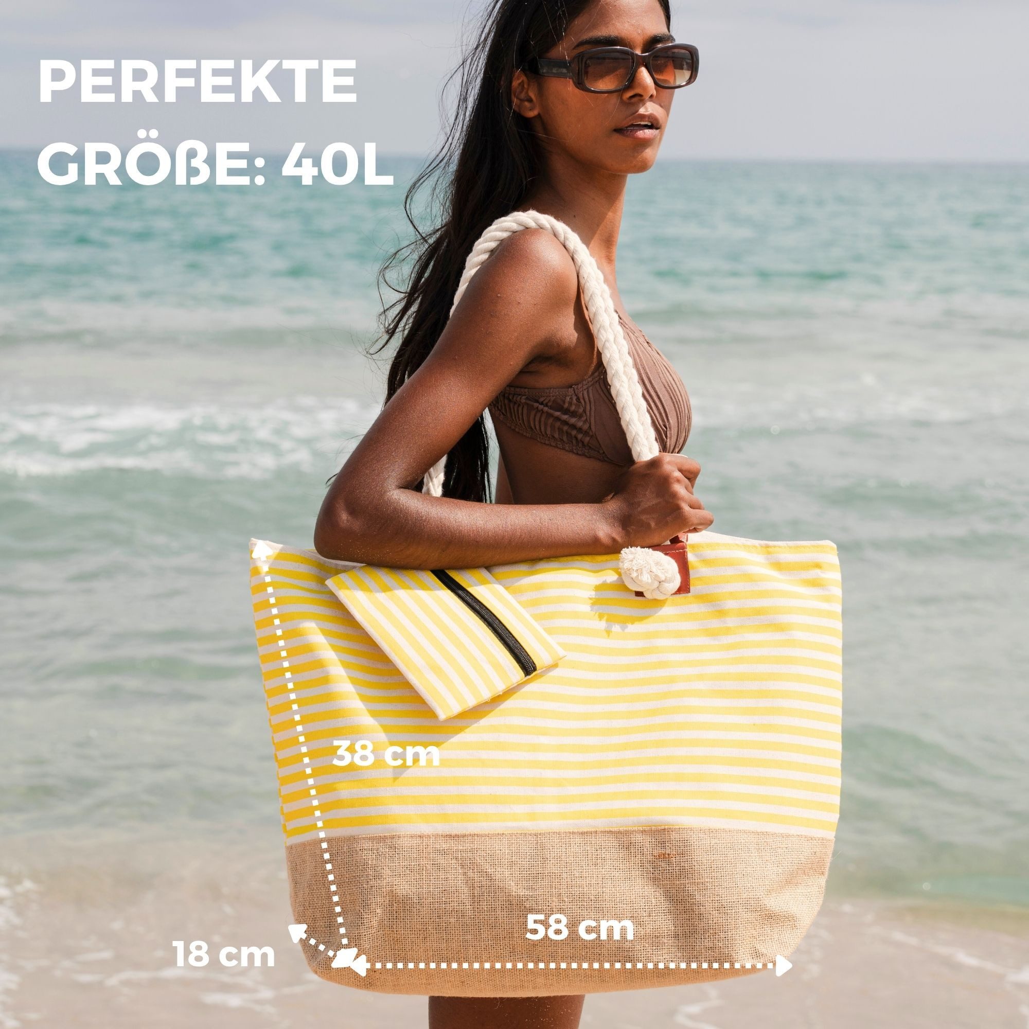 furora HOLIDAY Strandtasche Badetasche mit Reißverschluss & 2x Innentaschen, Beach Bag XXL – Bild 4 von 5
