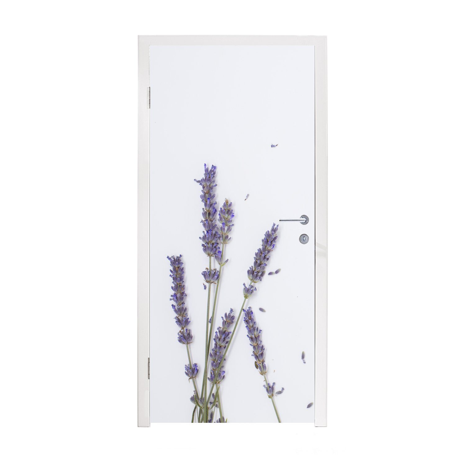 Türaufkleber, MuchoWow Himmel, (1 Kleine cm Lavendelblüten Matt, Fototapete bedruckt, gegen Türtapete für lilafarbene grauen Tür, St), einen 75x205