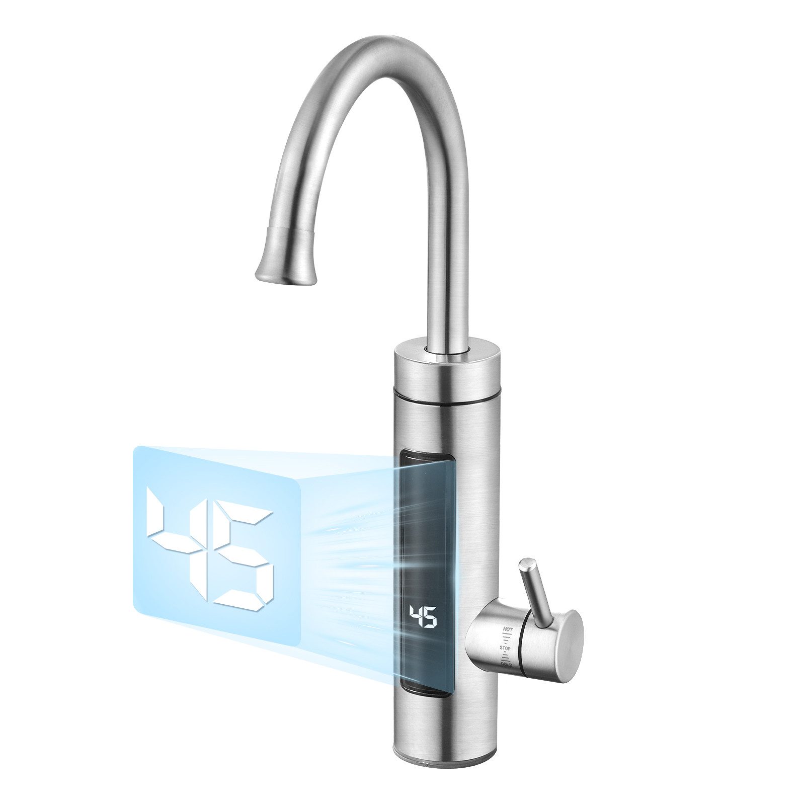 HOMELODY Küchenarmatur Elektrischer Durchlauferhitzer Wasserhahn mit LED Display 3400W Sofort warmes Wasser, Edelstahl, 360° schwenkbarer Auslauf