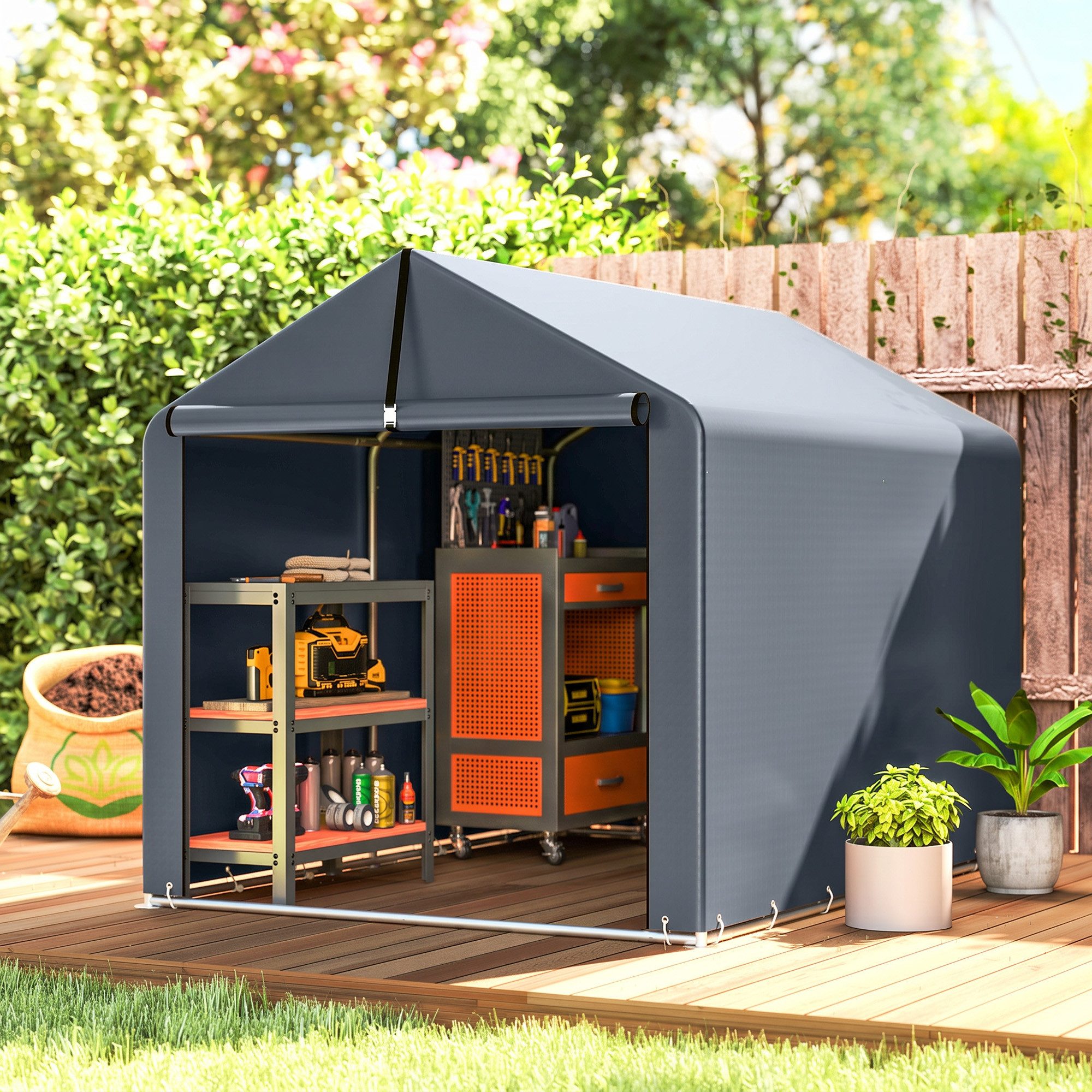 Outsunny Gerätezelt Zeltgarage 2,2 x 1,6 m Wasserdicht mit Rollbar Unterstand, Personen: 1 (Lagerzelt, 1 tlg., Garagenzelt), für Gartengeräte, Motorrad Dunkelgrau