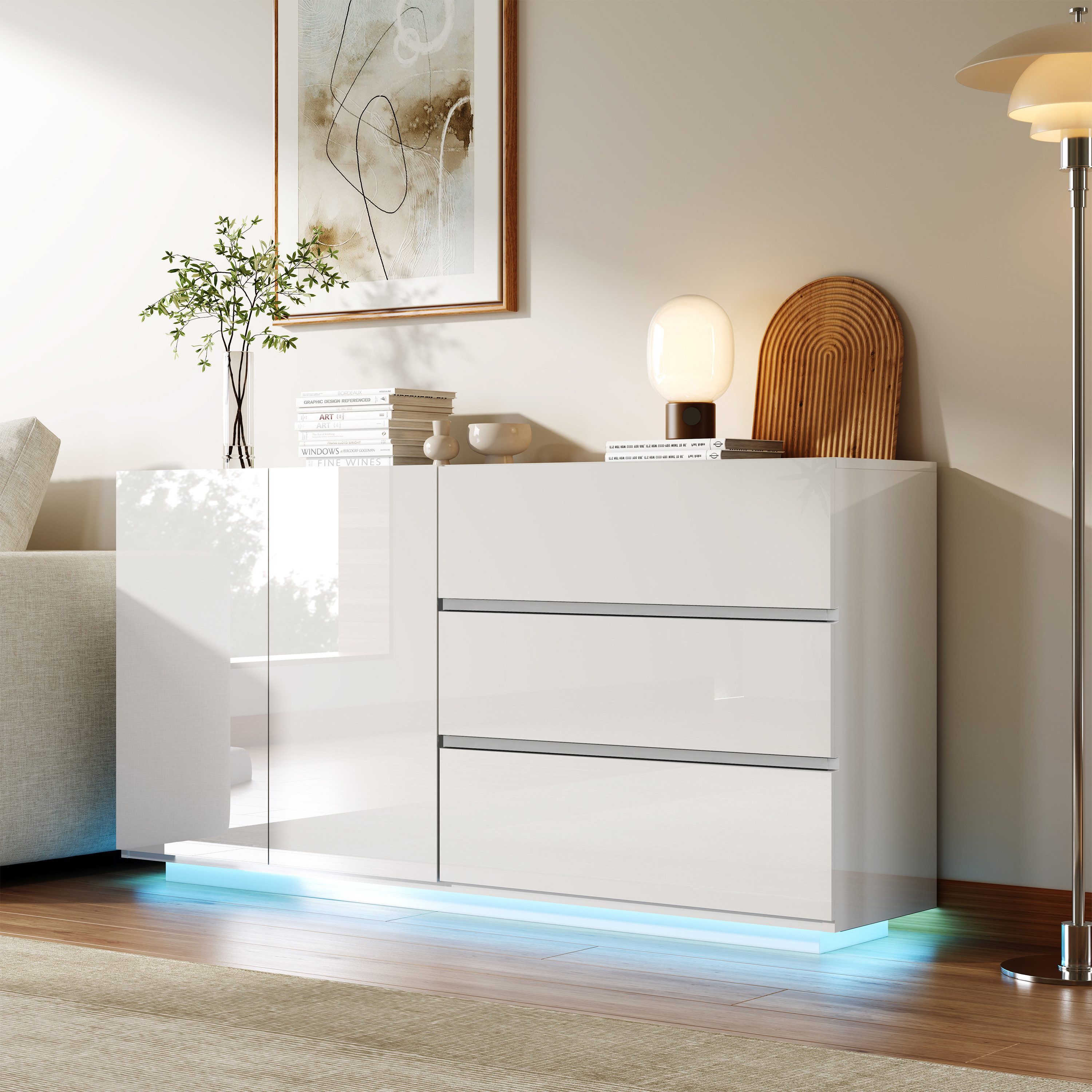 PXloue Sideboard Hochglanz Kommode( LED-Ambientebeleuchtung) , Modernes Sideboard mit 3 Schubladen und 2 Fächern, Breite 160 cm