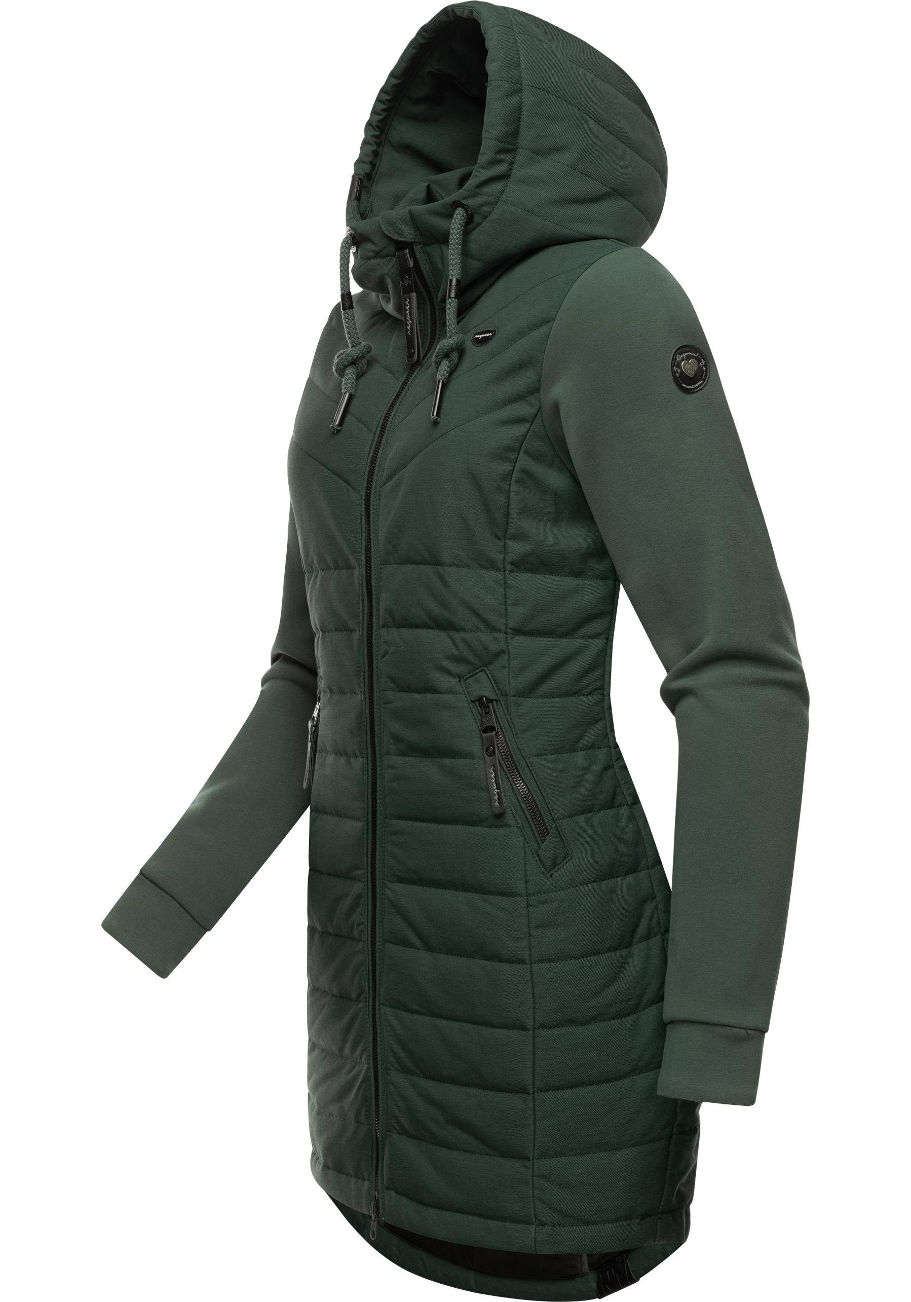 Ragwear Steppmantel Lucinda Materialmix mit Mantel Kapuze dunkelgrün aus modernem Long