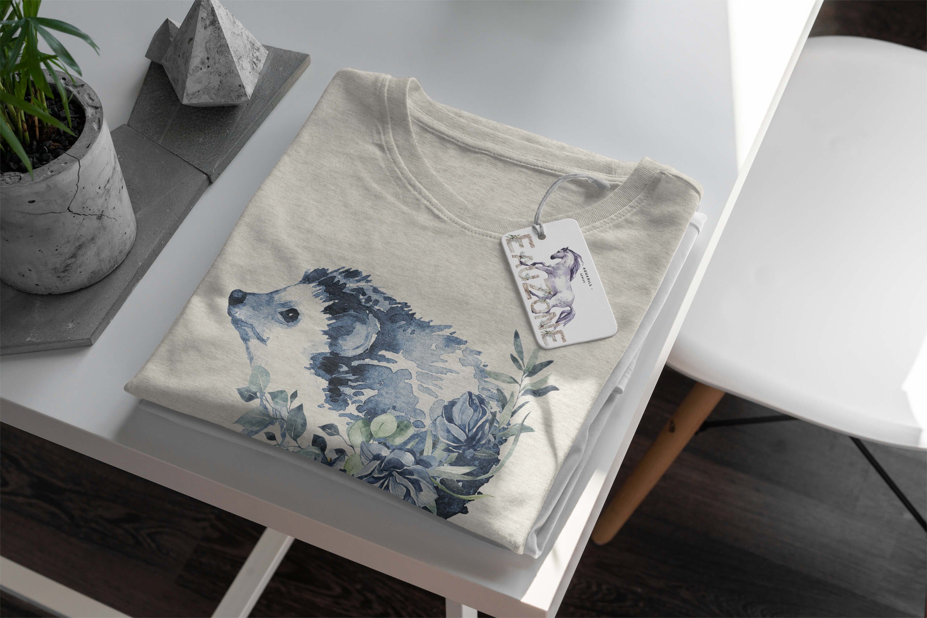 Sinus Art T-Shirt Herren Shirt gekämmte Bio-Baumwolle erneuer Nachhaltig Motiv aus 100% Aquarell Ökomode T-Shirt (1-tlg) Igel