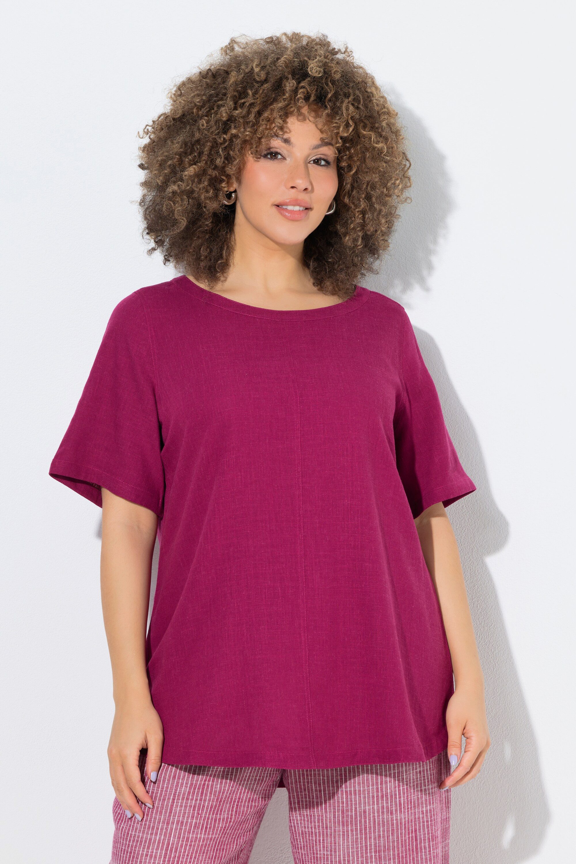 Ulla Popken Longbluse Bluse Leinenmix A-Linie Rundhals Halbarm