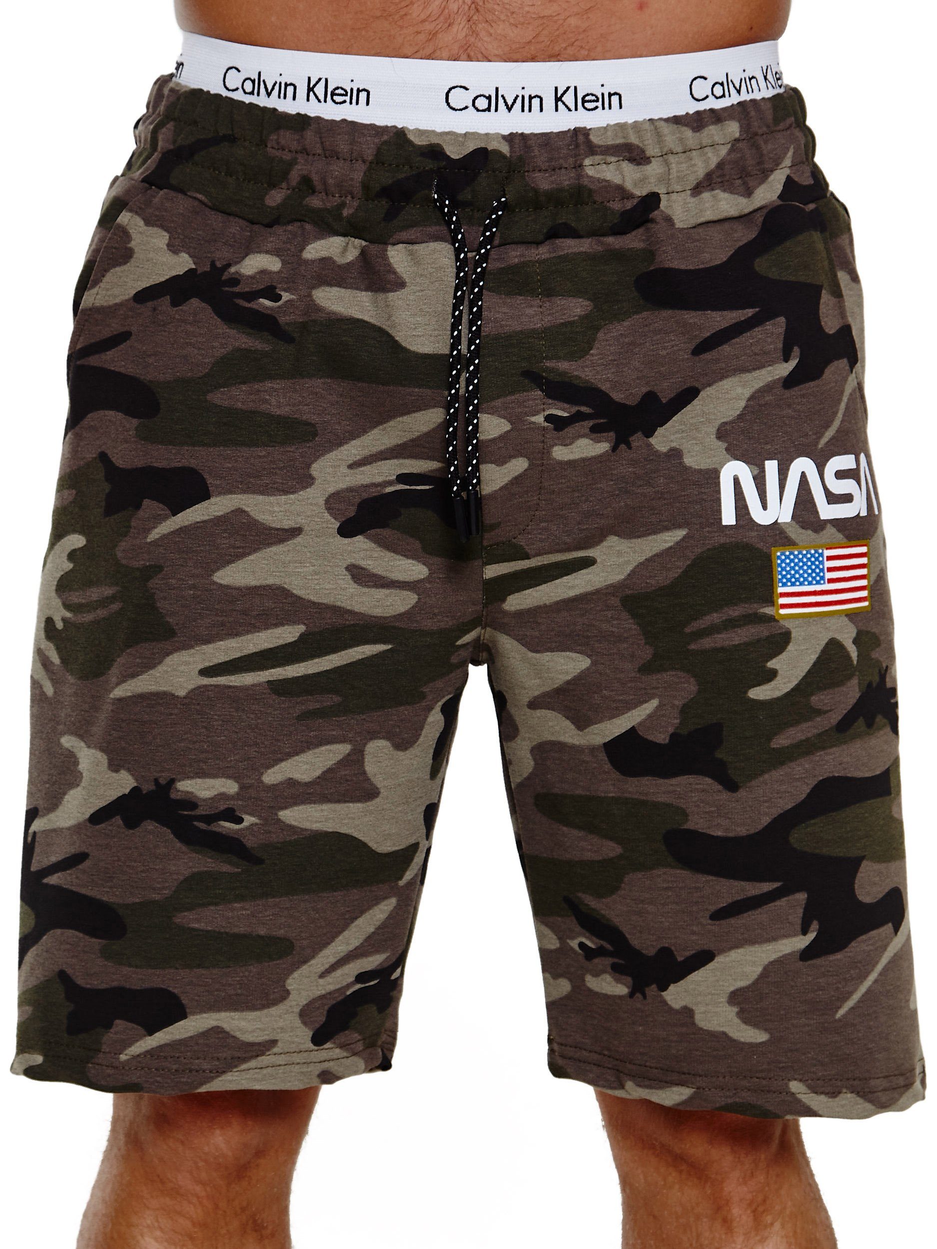 Shorts Bermudas Sweatpants, Camo Freizeit 1-tlg., Design) modischem Casual im (Kurze OneRedox SH-3711 Hose Fitness Oliv