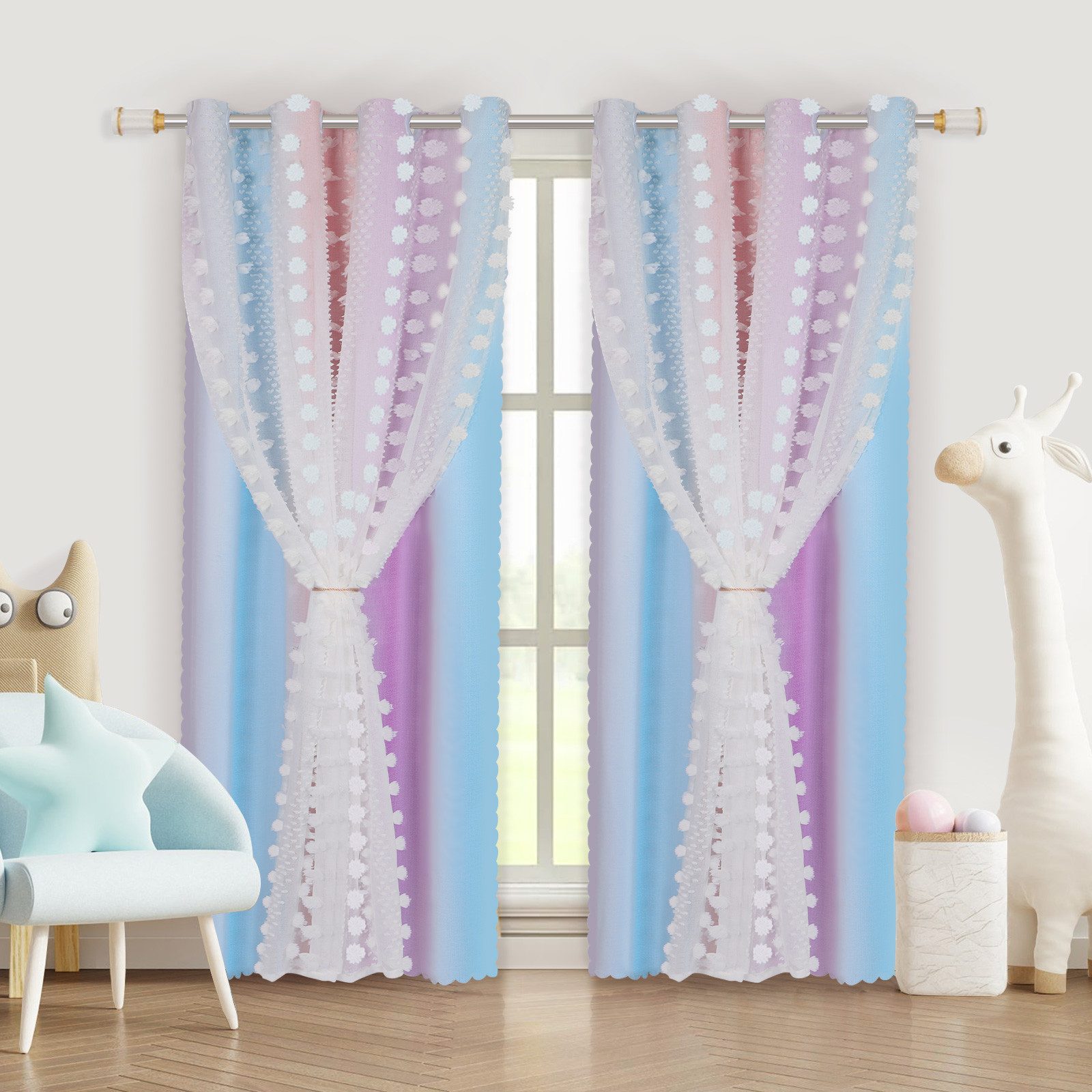 Sunicol Gardine Verdunklungsvorhänge Kinderzimmer, Doppellagiger Vorhang mit Pompom (2 St), Kinder Blickdicht Voile Ösenschal Dekoration für Schlafzimmer