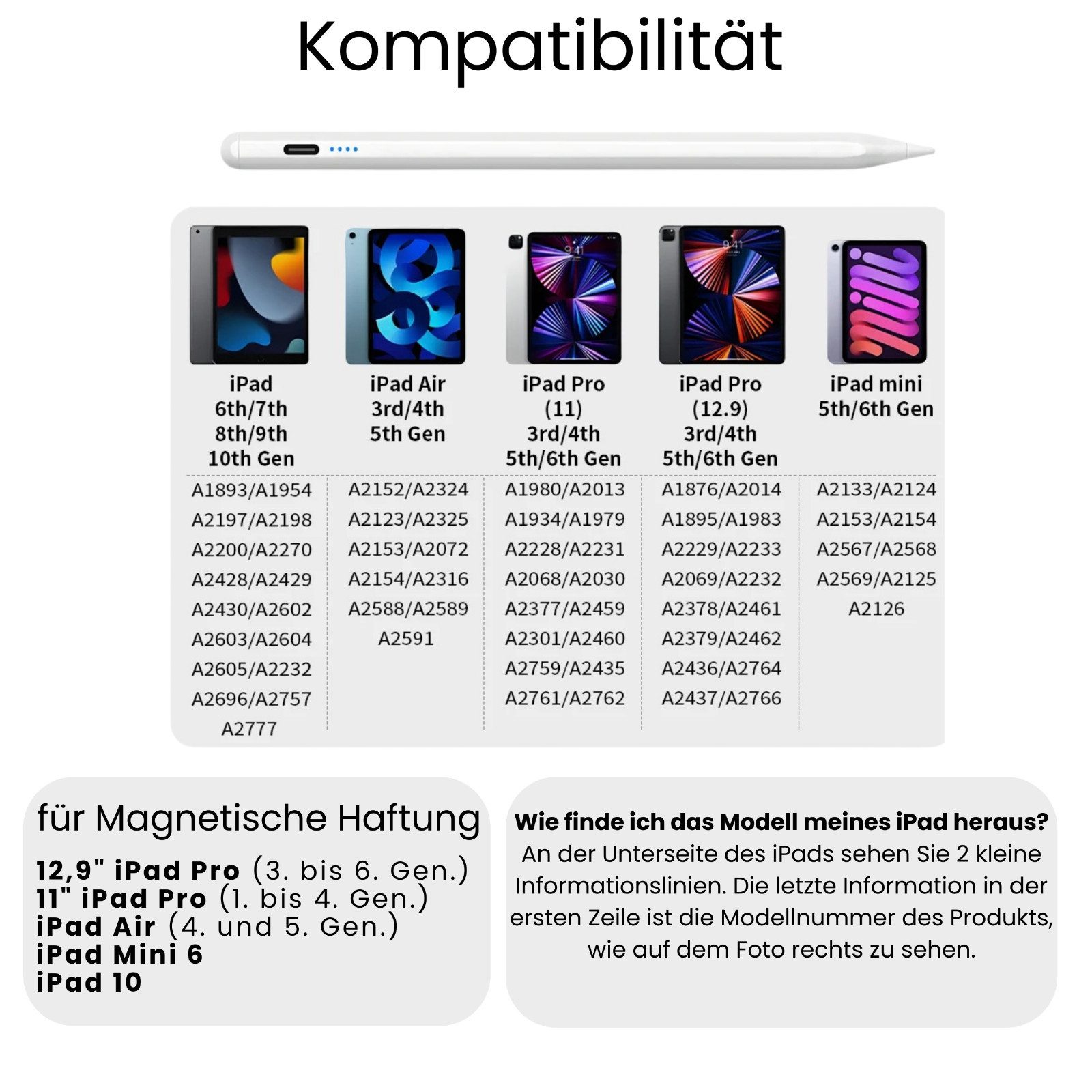 Futurea Eingabestift iPad Pencil Stylus Stift Apple Pencil für Apple iPad Pro Air Mini (Set, 1-St) Kompatibel mit iPad 6–11, Air 3–7, Pro 11/12,9, Mini 5/6, M4/M3