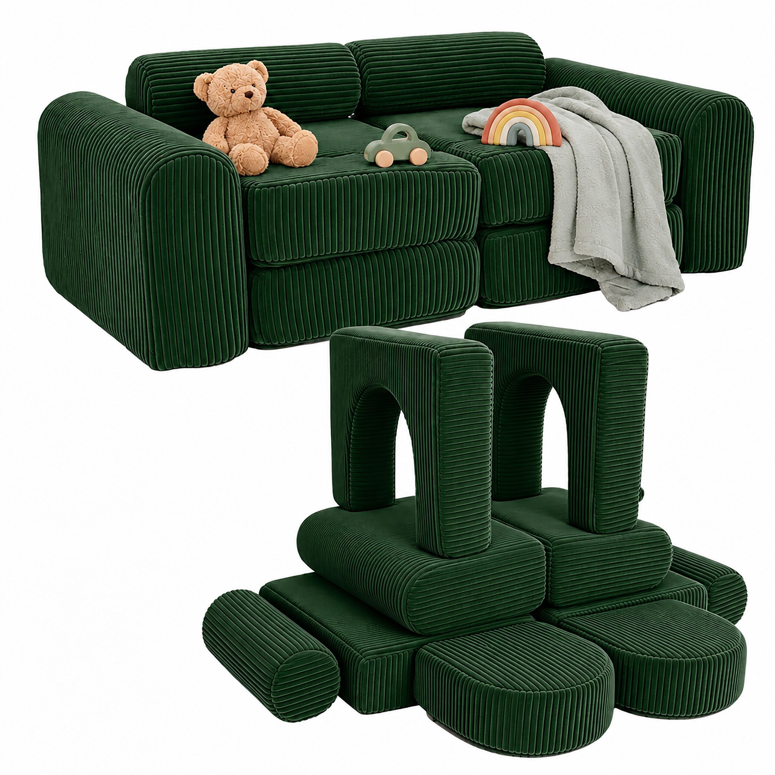 relaxdays Kindersofa 10-tlg. Kinder Spielsofa modular, 10 Teile, grün