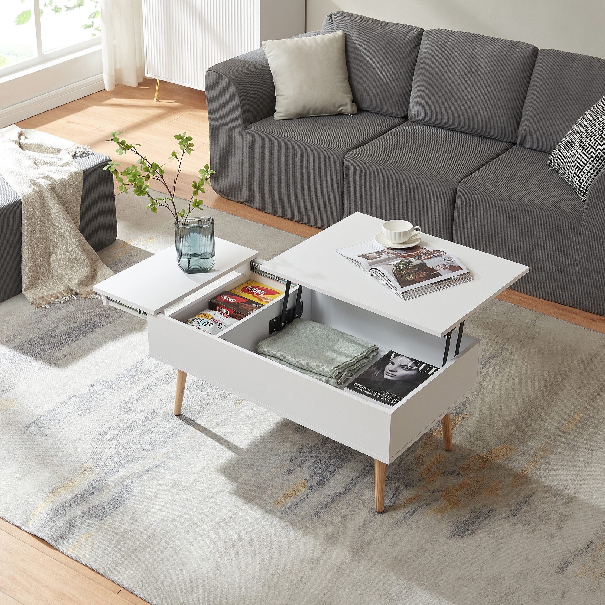 en.casa Couchtisch, ausziehbar »Flesen« 2-teilige Tischplatte 92x52x41 cm Weiß