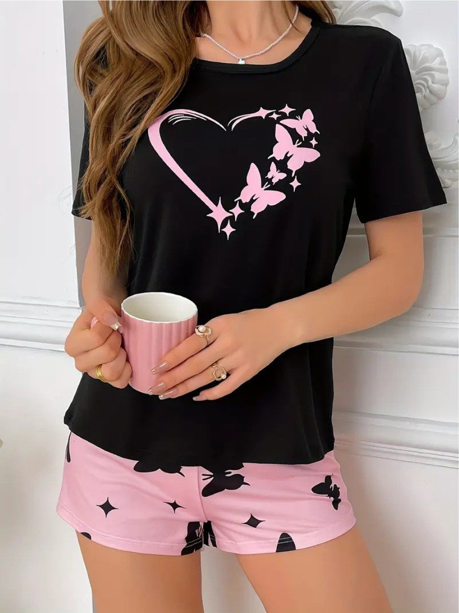 Elegant Love Shorty Damen-Pyjama Set – Nachtwäsche mit Herz- und Schmetterl günstig online kaufen