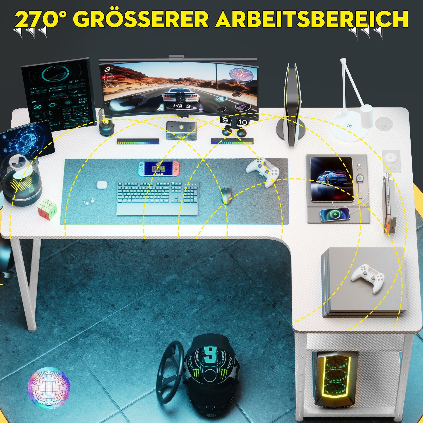 GTPLAYER Schreibtisch Gaming Tisch Eckschreibtisch mit Regal USB-Ladeanschluss und Steckdose (1 Tisch), 120/100cm Computertisch L Form, PC Tisch für Büro, Heimbüro