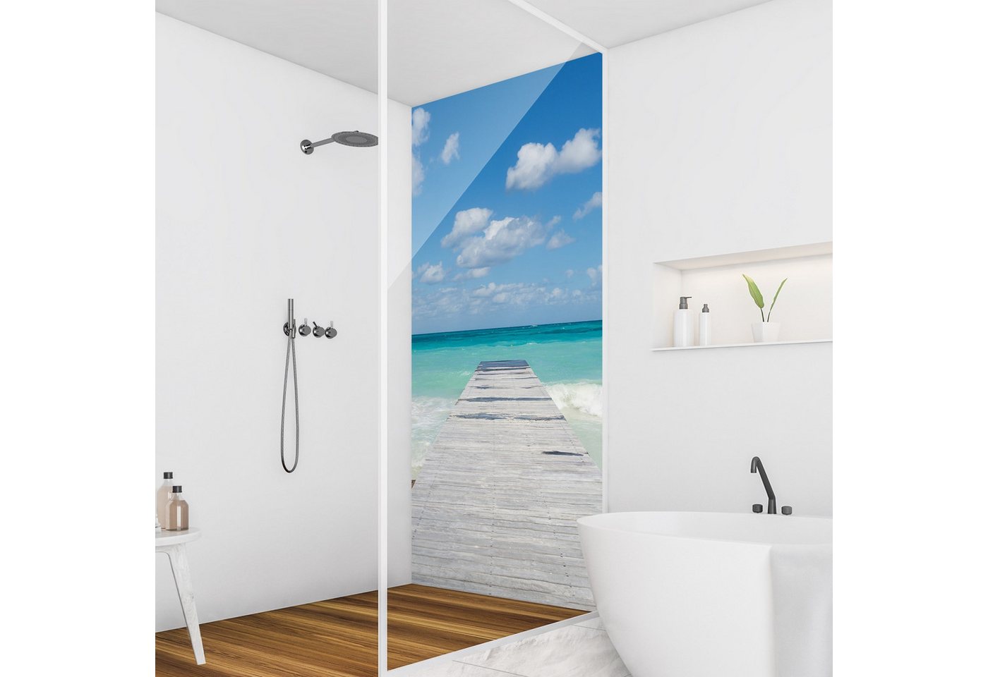 Thumbnail - Bilderdepot24 Badrückwand Strand blau Duschrückwand ohne Bohren 3D-Optik Natur Meere, (Hartfolie matt » Selbstklebend SM...