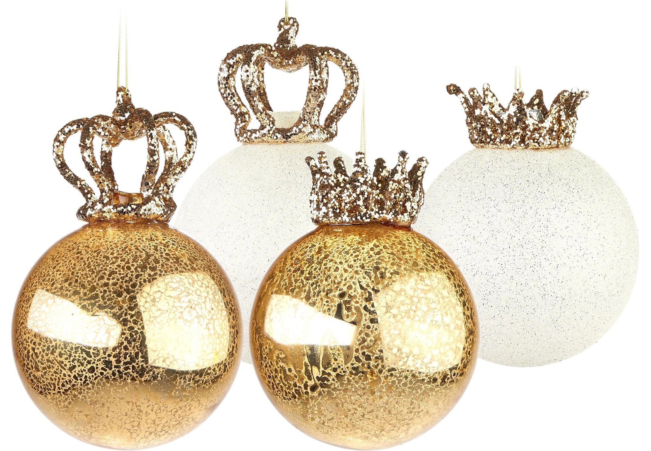 BRUBAKER Weihnachtsbaumkugel Weihnachtskugel Set - King und Queen - 2 Premium Baumkugeln aus Glas (4 St), Gold und Glitzer mit Kronen - Christbaumschmuck König/Königin