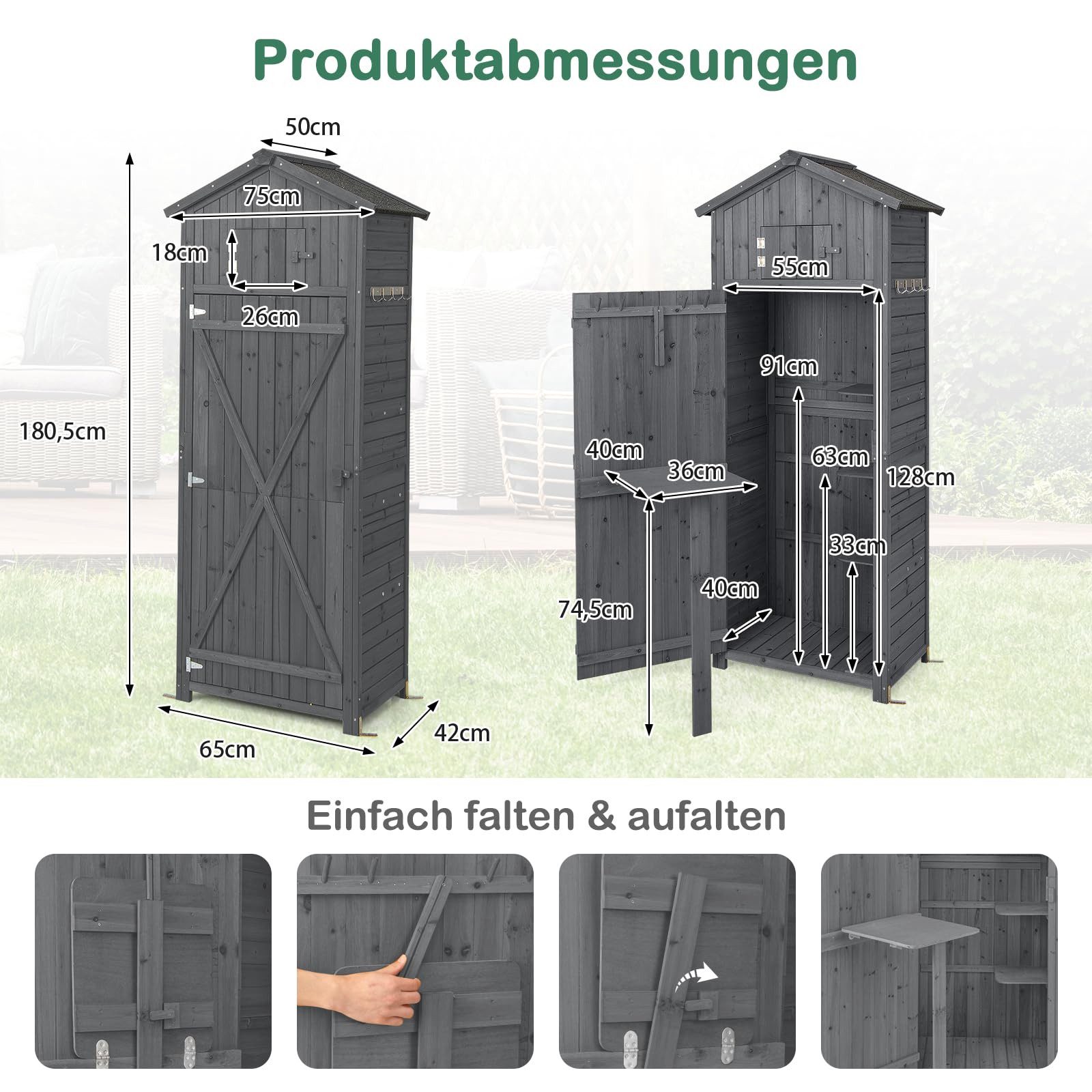 COSTWAY Garten-Geräteschrank, Gerätehaus, Geräteschuppen mit klappbarem Tisch & Tür & Satteldach