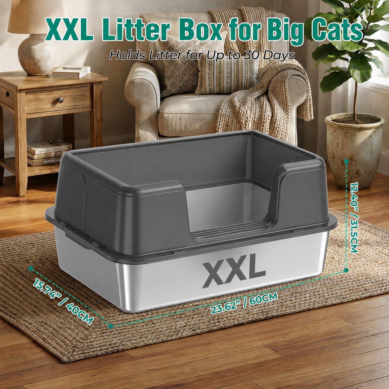 SURFOU Katzentoilette Katzenklo Edelstahl xxl, Halb-Offen Katzentoilette Hoher Rand mit Sieb, 60x40x31,5cm für Große Katzen, Geruchsfreie mit Anti-Rutsch-Matte