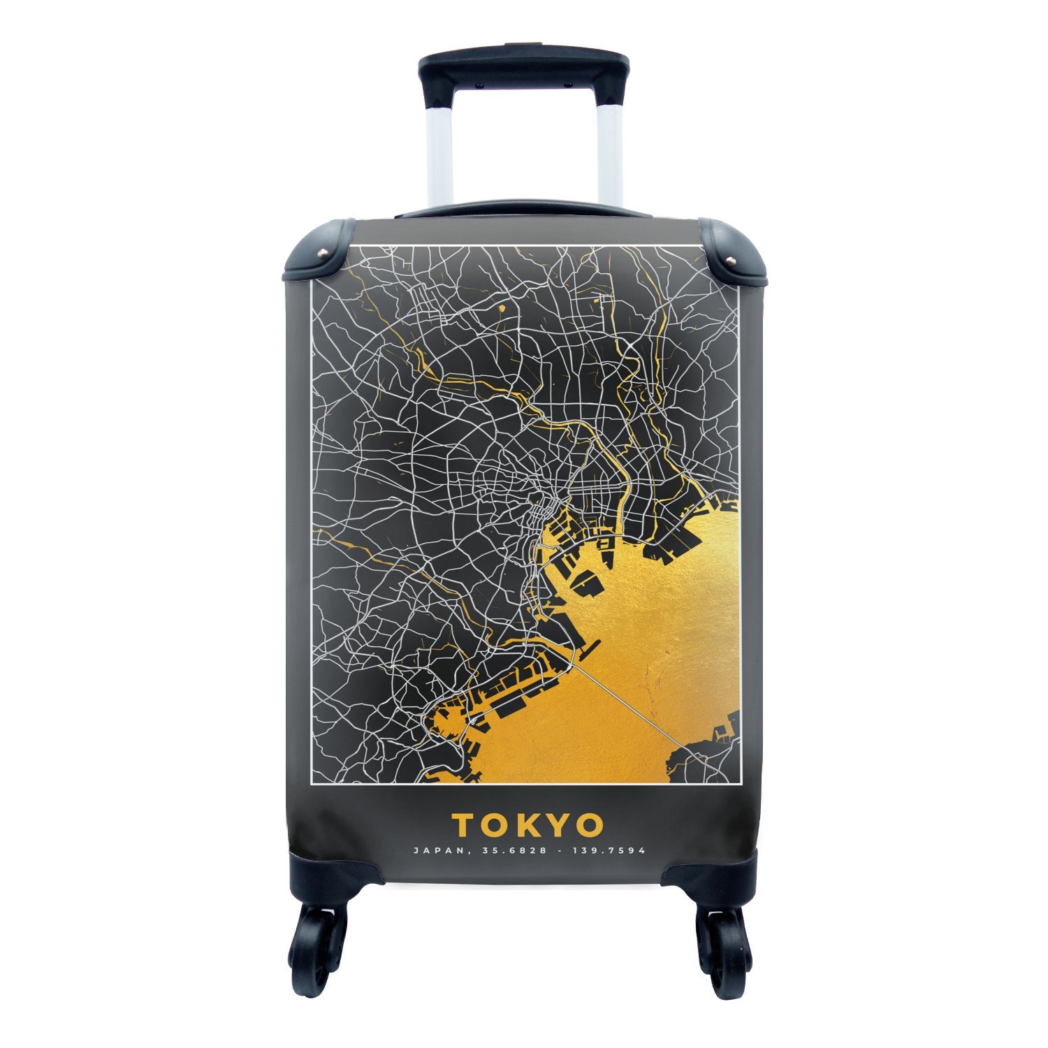 MuchoWow Handgepäckkoffer Tokio - Stadtplan - Gold - Karte, 4 Rollen, Reisetasche mit rollen, Handgepäck für Ferien, Trolley, Reisekoffer