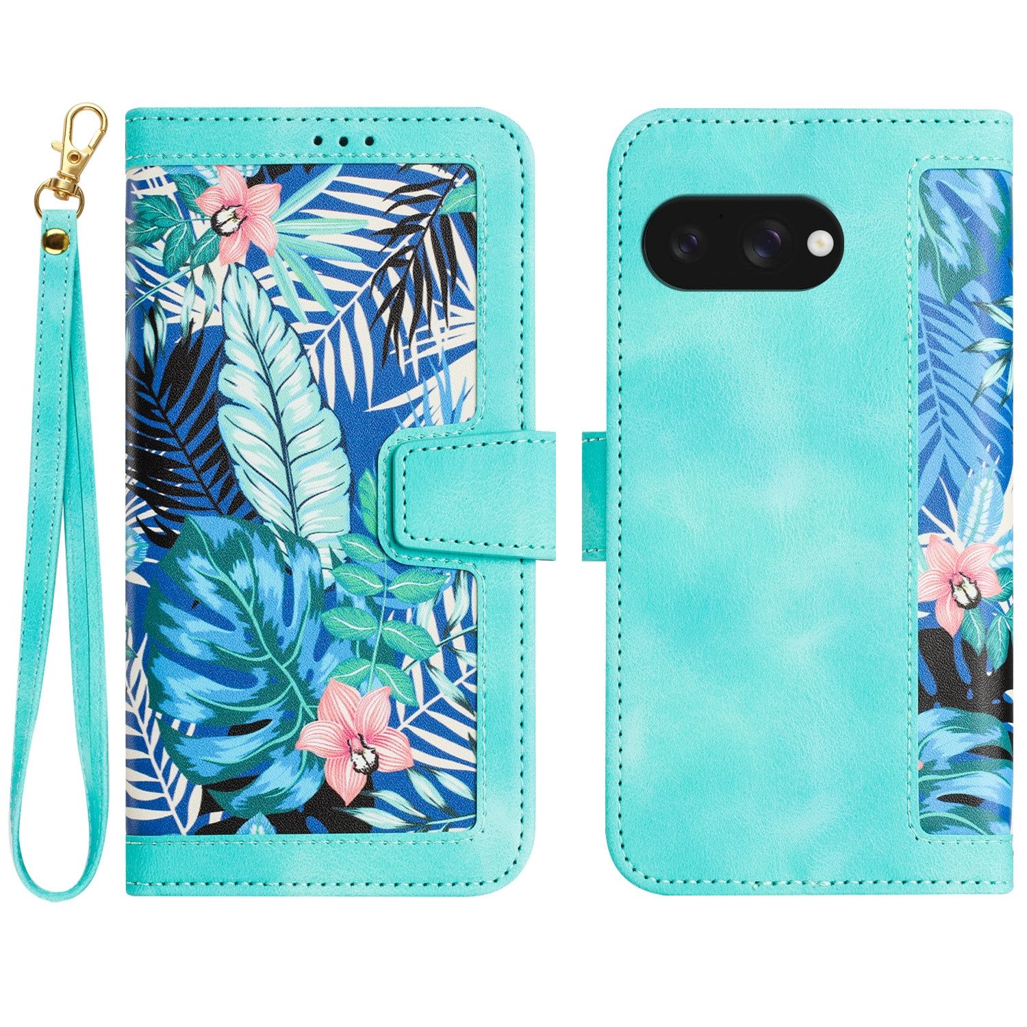 Wigento Smartphone-Hülle Für Google Pixel 9a Kunstleder Book Wallet Blumen Tasche Hülle Grün, Blumenmuster, Kartenfächer, Lanyard
