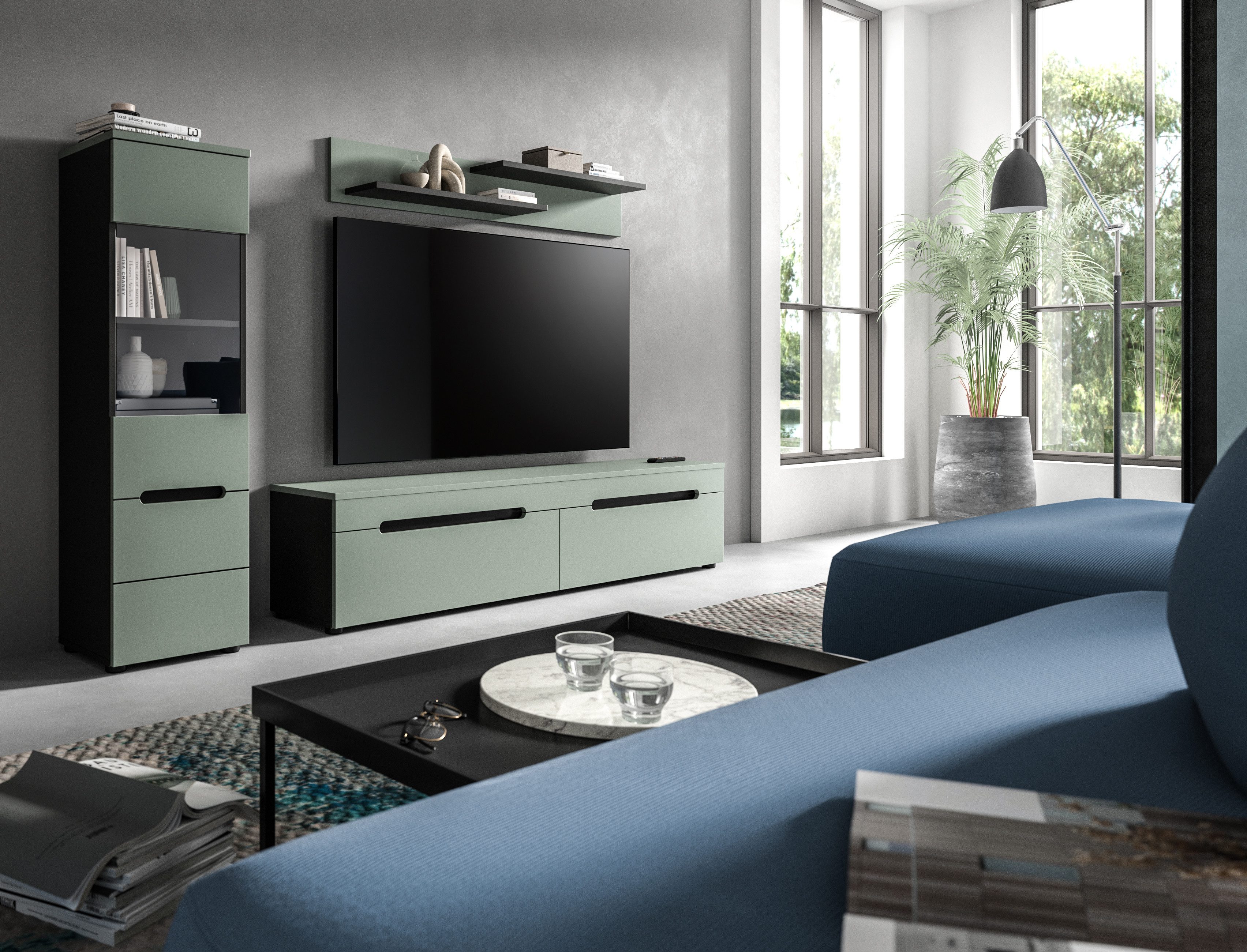 furnling Vitrine Cano (1-St) 1 Glastür, 3 Fächer, Glasvitrine, Höhe 125 cm, Basalt grau/Smoke Green