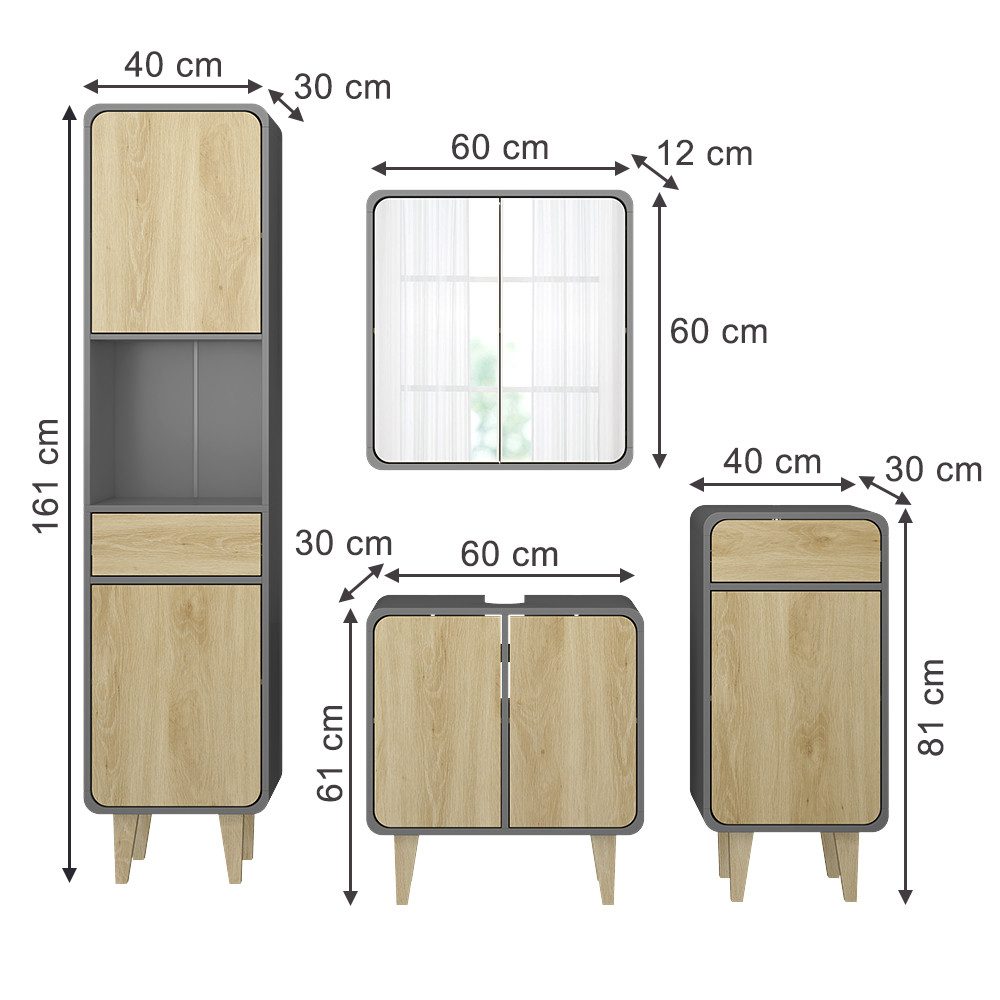 Vicco Badmöbel-Set Arla, Anthrazit/Eiche, 4 Teile günstig online kaufen