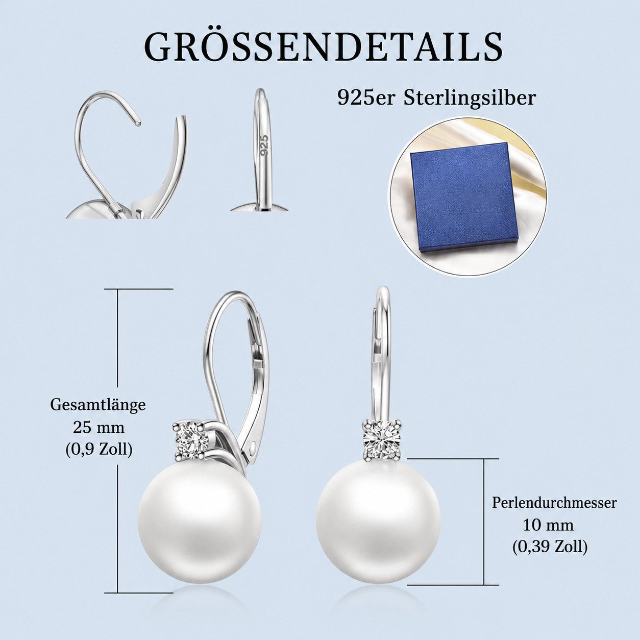 MOPUEA Perlenohrringe Perlen Ohrringe Damen Hängend 925 Sterling Silber Set (1-tlg), 5A Zirkonia Kristalle Ohrringe Leverback Ohrringe Perlenohrringe – Bild 2 von 5
