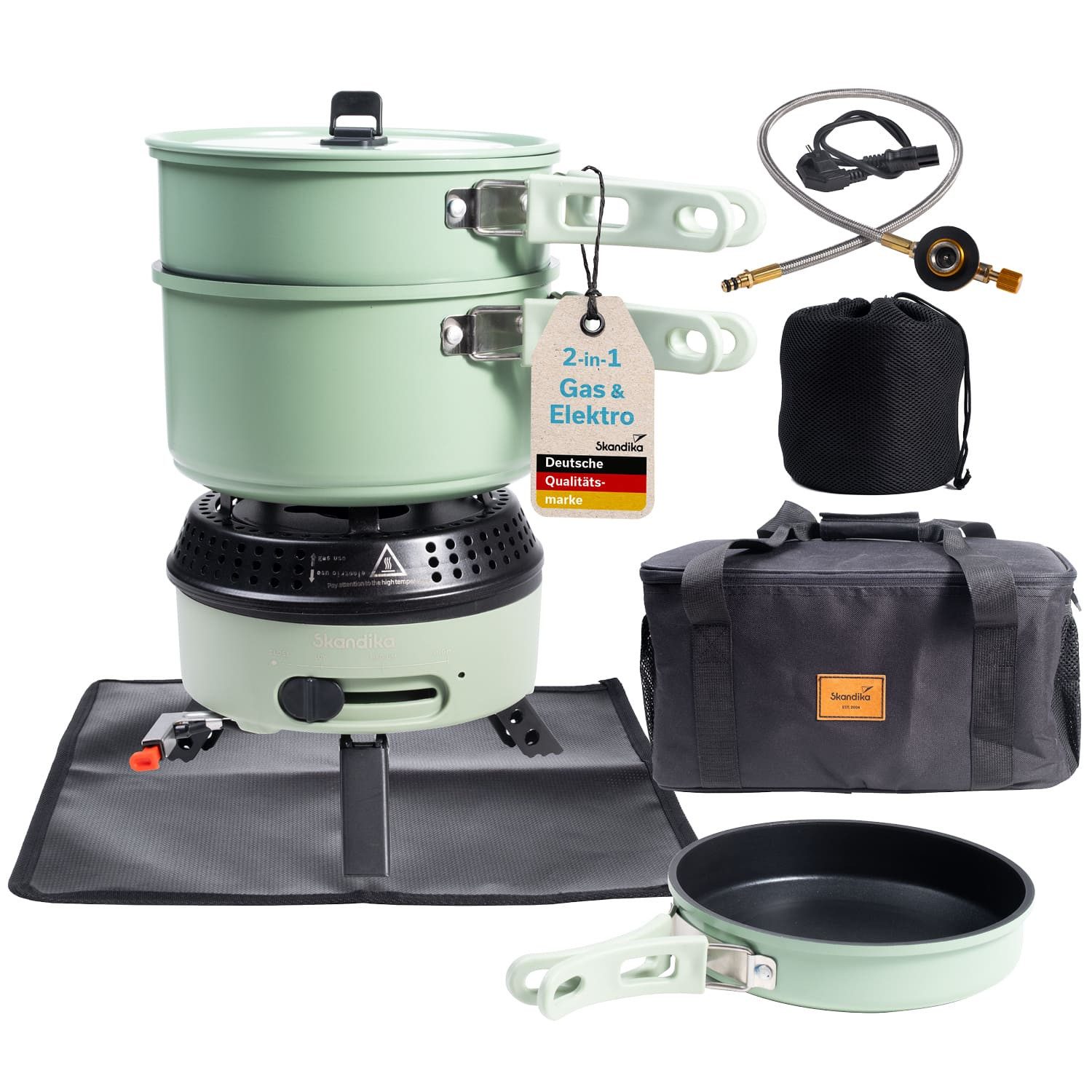 Skandika Gaskocher Campingkocher Hybrid Rask Set, mit Geschirr, Topf und Pfanne, 2 in 1 Betrieb mit Strom oder Gas, Set mit Unterlage & Tasche