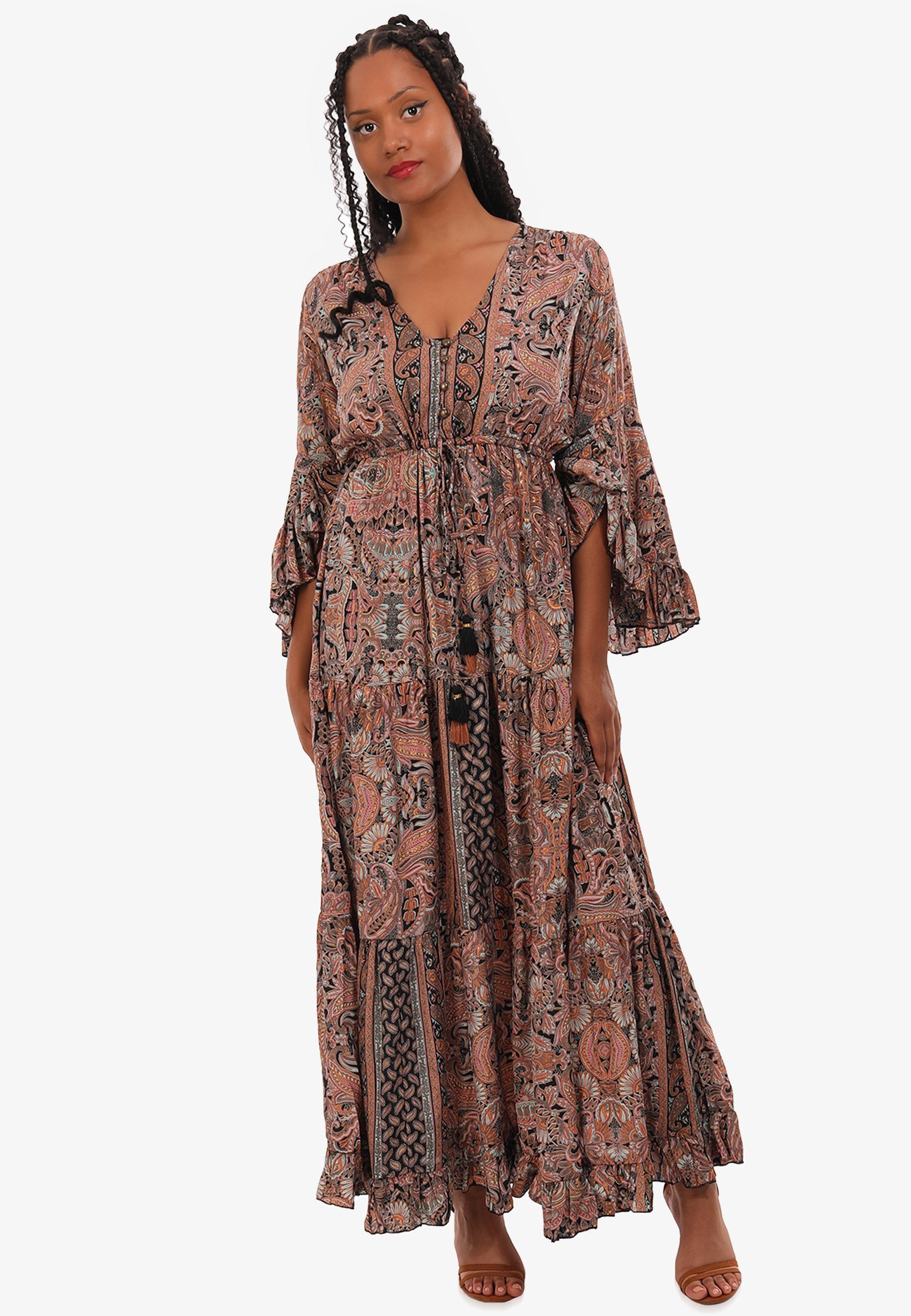 YC Fashion & Style Maxikleid Bohemian Maxikleid mit V-Ausschnitt Hippiekleid Flatterärmel (1-tlg) mit Volants