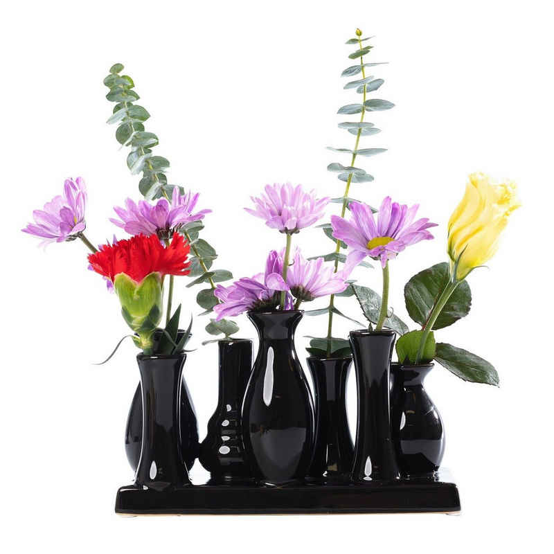 Jinfa Dekovase Handgefertigte kleine Keramik Deko Blumenvasen (7 Vasen Set schwarz), verbunden auf auf einem Tablett