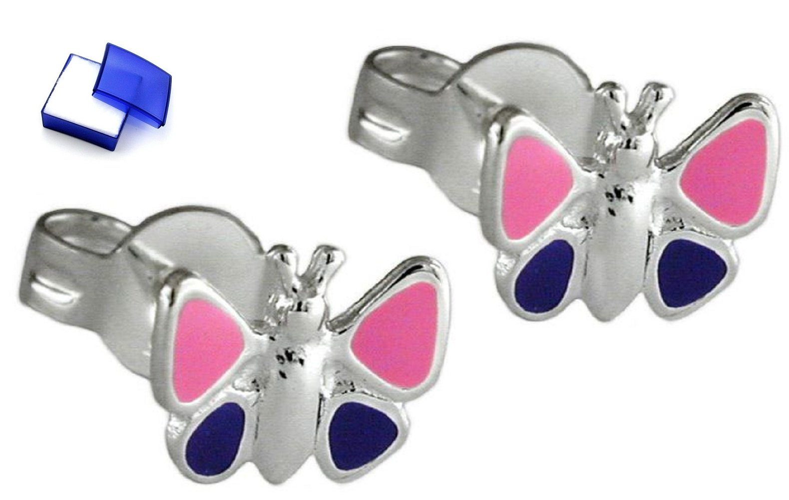 inklusive Silber Schmuckbox, 8 pink-lila 925 Ohrringe lackiert Ohrstecker Ohrstecker Kinder unbespielt kleiner Schmetterling Paar für Silberschmuck mm