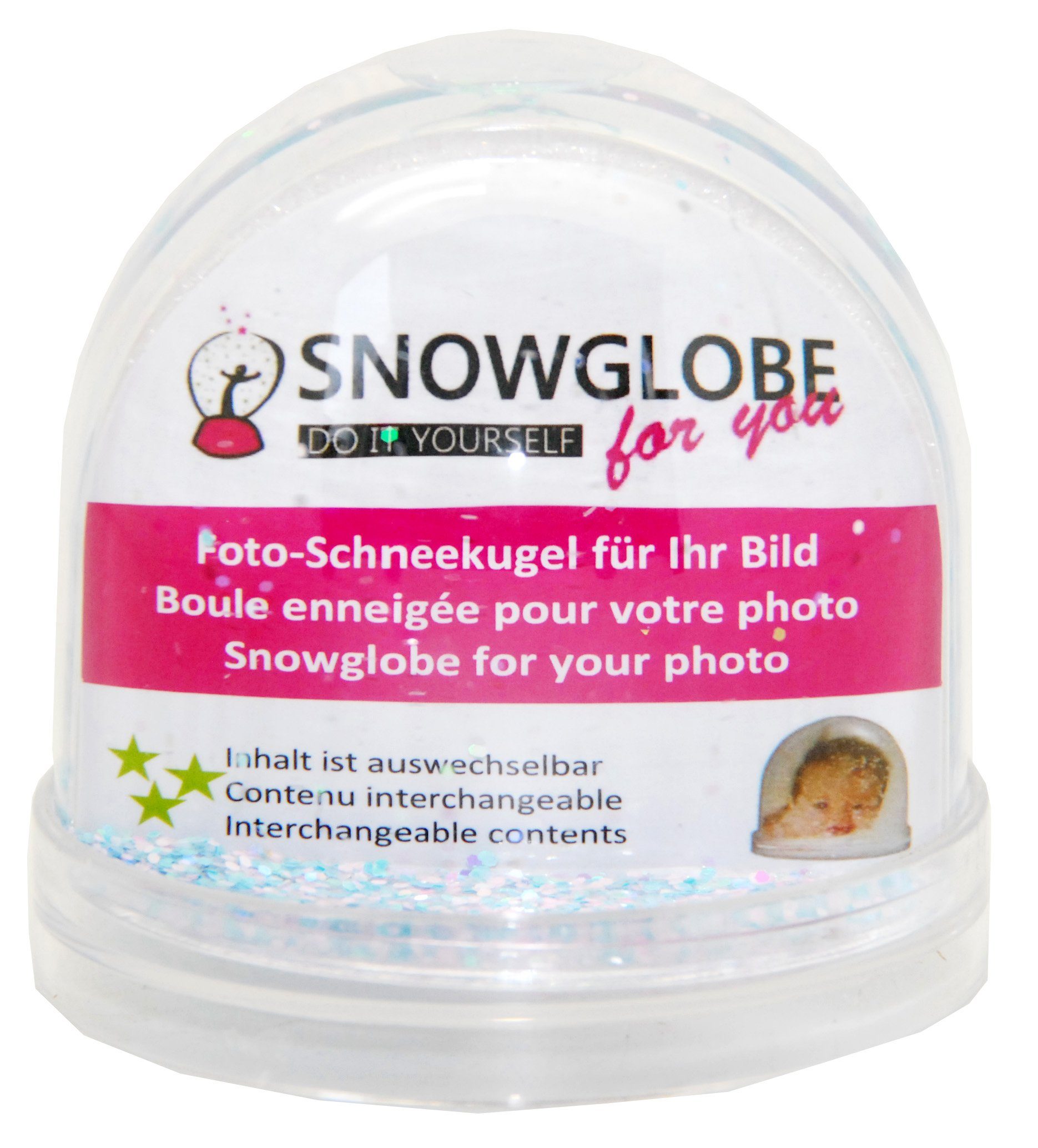 Snowglobe-for-you Schneekugel Foto Schneekugel Kunststoff Sockel transparent 9cm – Glitzer pastell