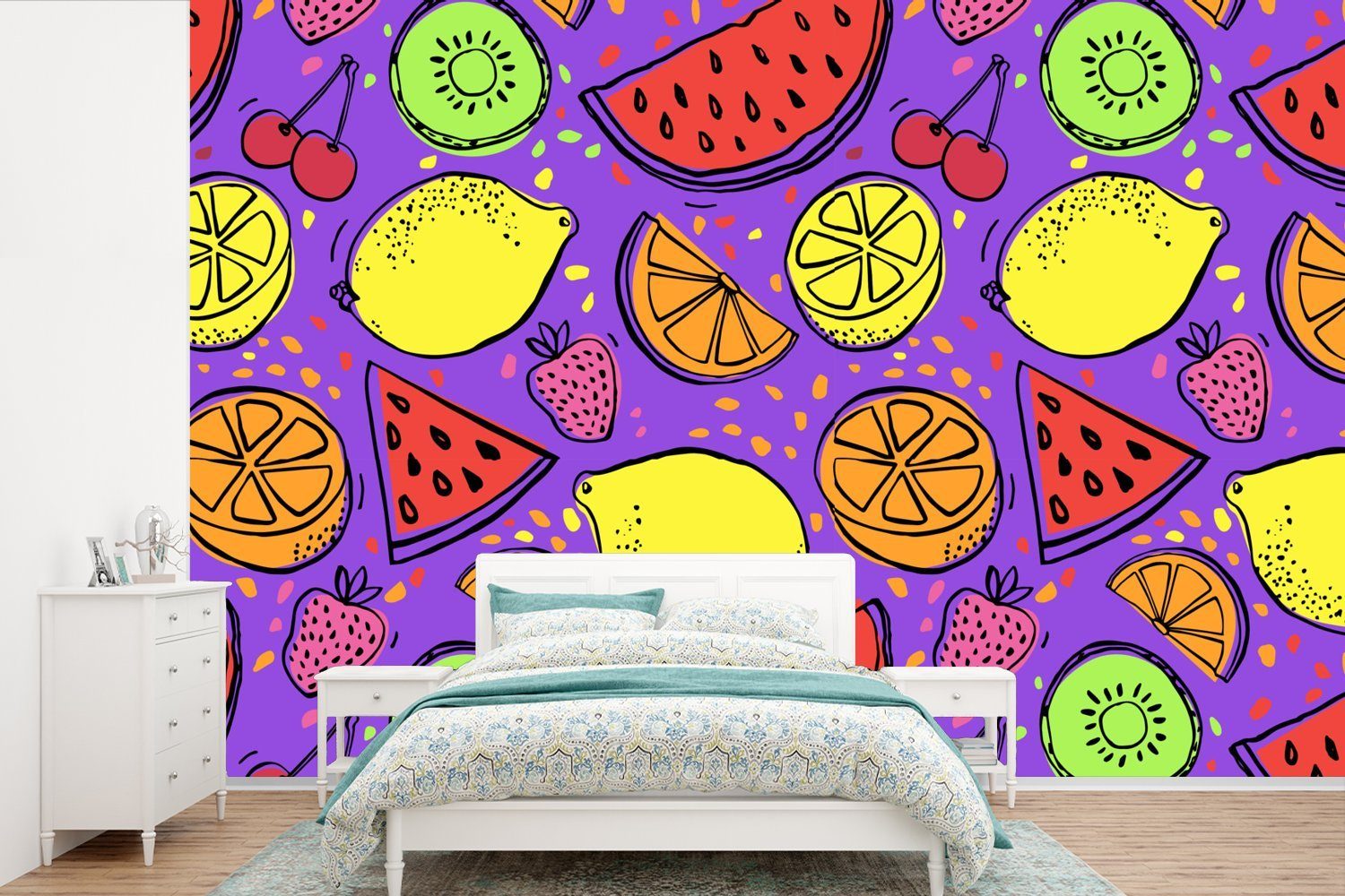 Wassermelone Kinderzimmer, Obst Lila, (6 St), Schlafzimmer, - - Tapete für Wallpaper Vinyl Fototapete MuchoWow Matt, bedruckt, Wohnzimmer,