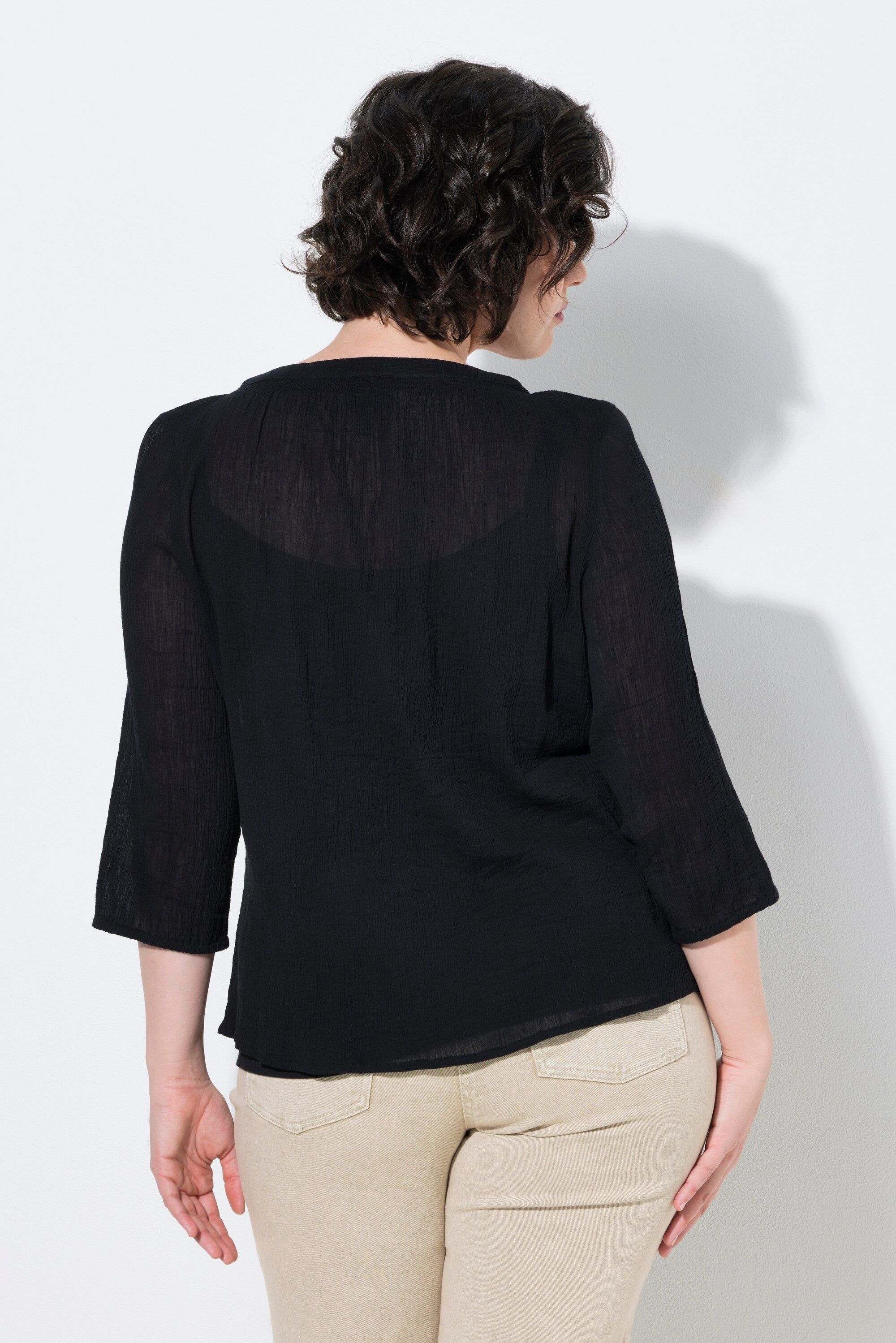 Ulla Popken Longbluse Bluse A-Linie geraffter V-Ausschnitt 3/4-Arm