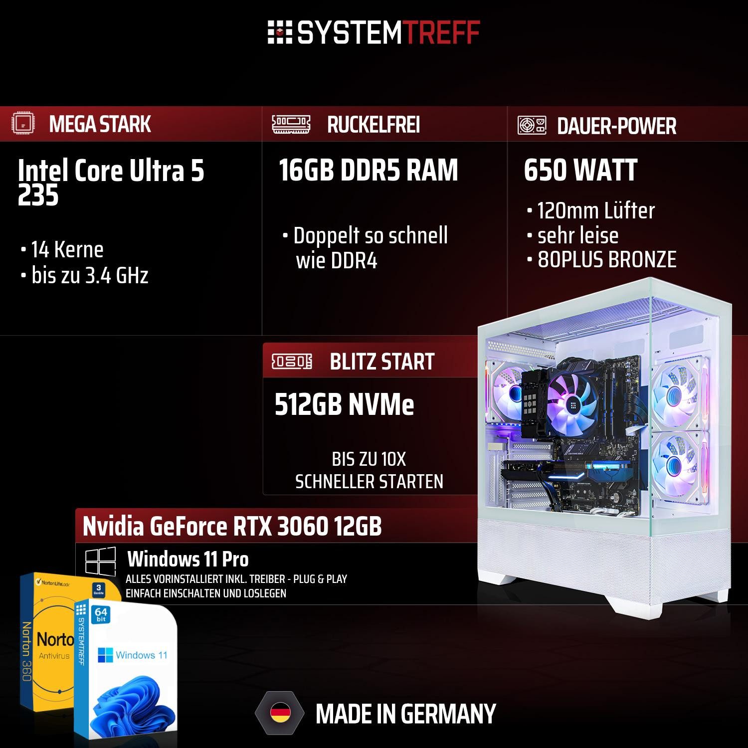SYSTEMTREFF Basic Gaming-PC (Intel 235 235, GeForce RTX 3060, 16 GB RAM, 512 GB SSD, Luftkühlung)