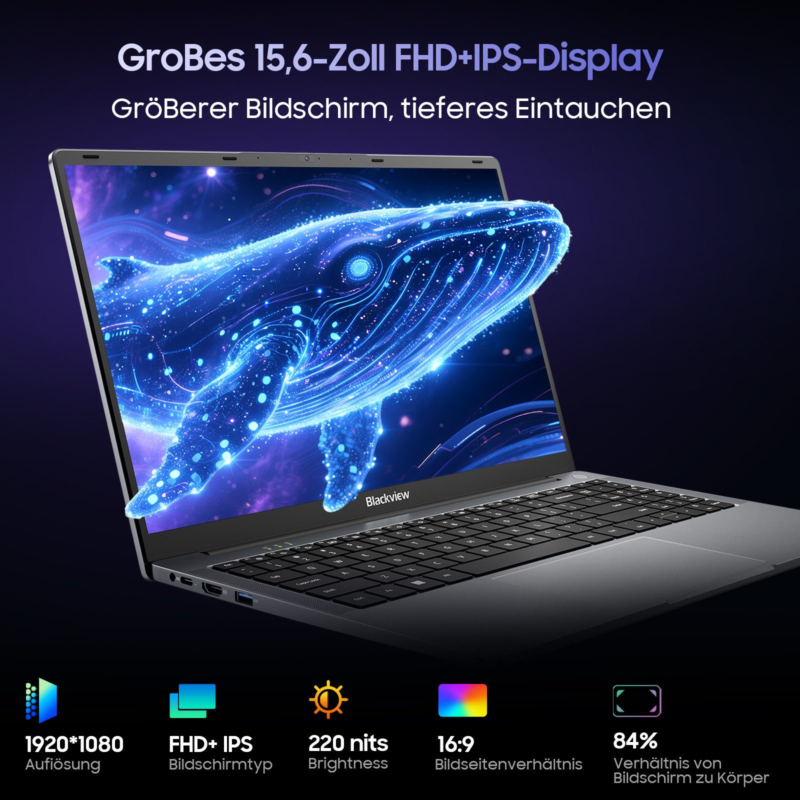 blackview 15,6" Laptop, AMD Ryzen 5 3500U 16GB RAM 512GB SSD, Windows 11 Notebook (Radeon Ryzen5 3500U AMD Ryzen5 3500U, 16 GB, 512 GB SSD, 180° Drehung/Low Blue Light-Zertifizierung/Deutsche Tastaturaufkleber)