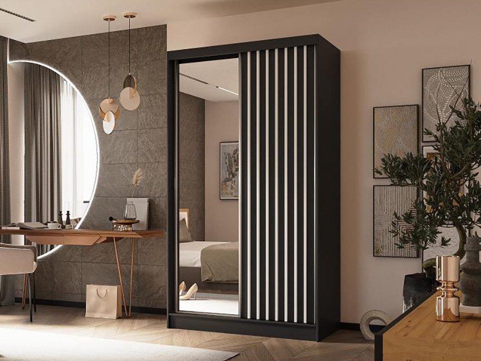 Beautysofa Kleiderschrank HELIX II mit Spiegel und Schubladen (Kleiderstange und funktionalen Stauraumlösungen, Moderner Garderobenschrank mit Lamellen) Schwebetürenschrank