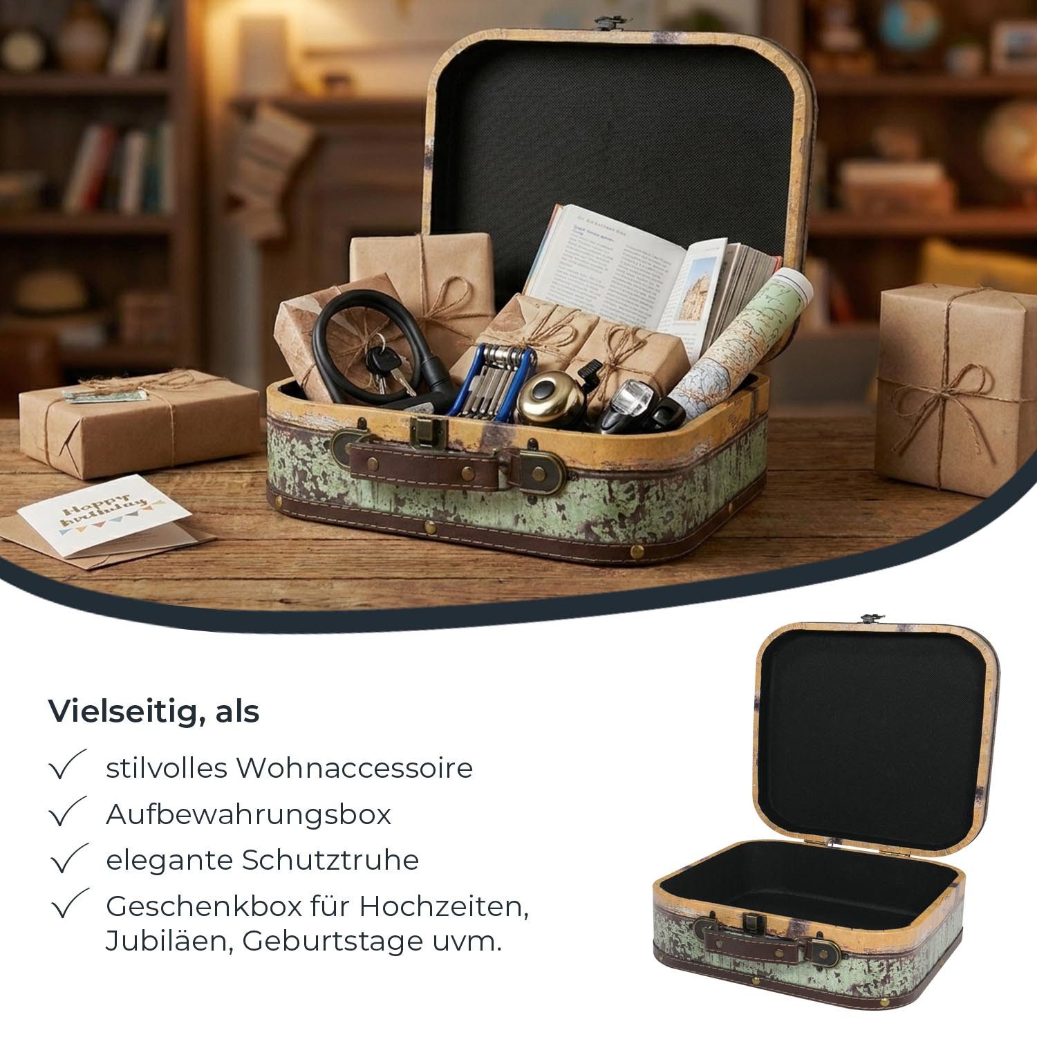 HMF Aufbewahrungsbox Vintage Koffer aus Holz, Aufbewahrungsbox mit Deckel und Ledergriff (1 St), Geschenkidee für Hochzeit, Geburtstag, Fahrradmotiv 32 x 29, 5 x12 cm