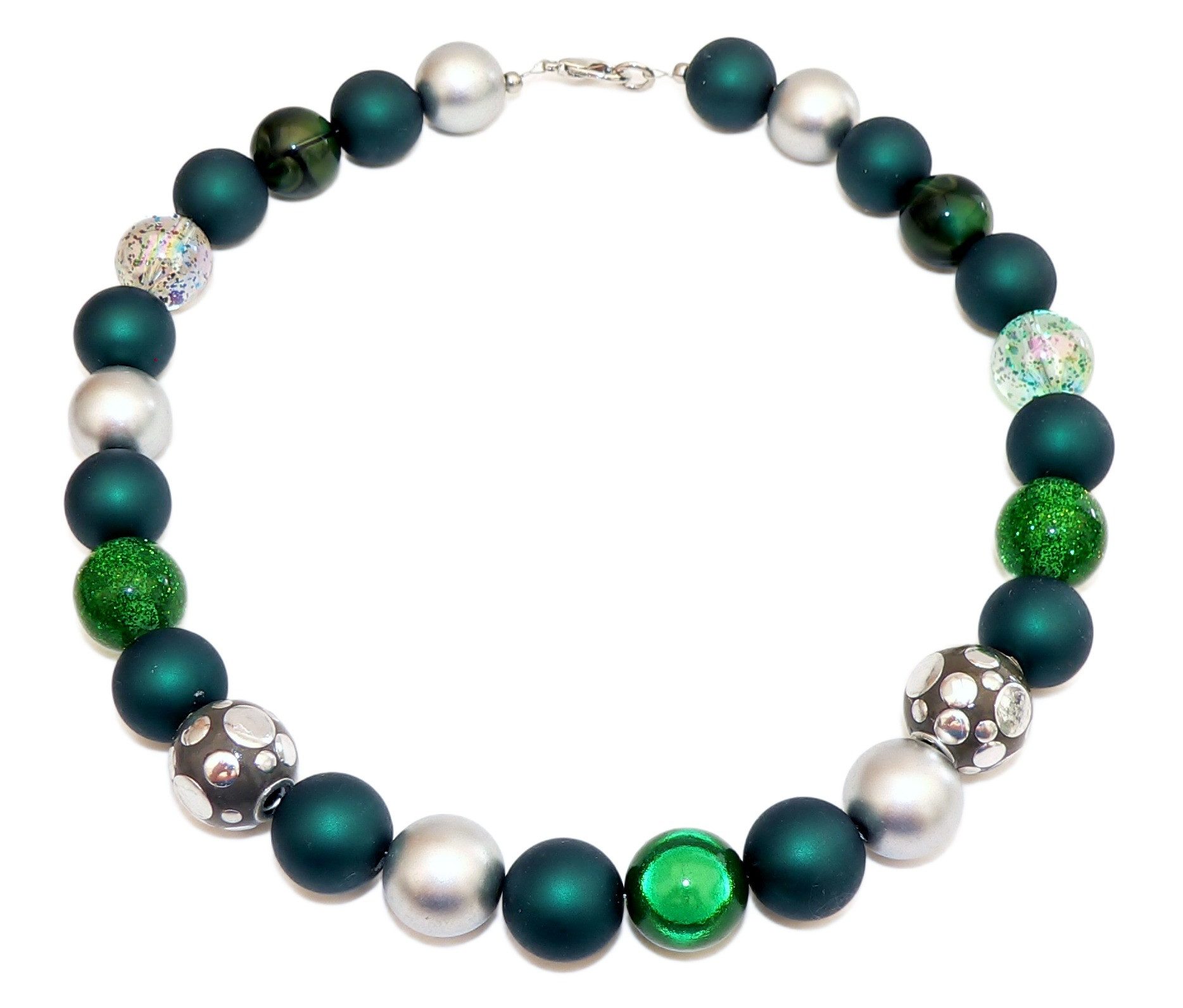 traumschmuck Collier 089c Collier Perlenmix 14-20mm dunkelgrün grüntöne silberfarben (Valentinstag), handgefertigt, Made in Germany