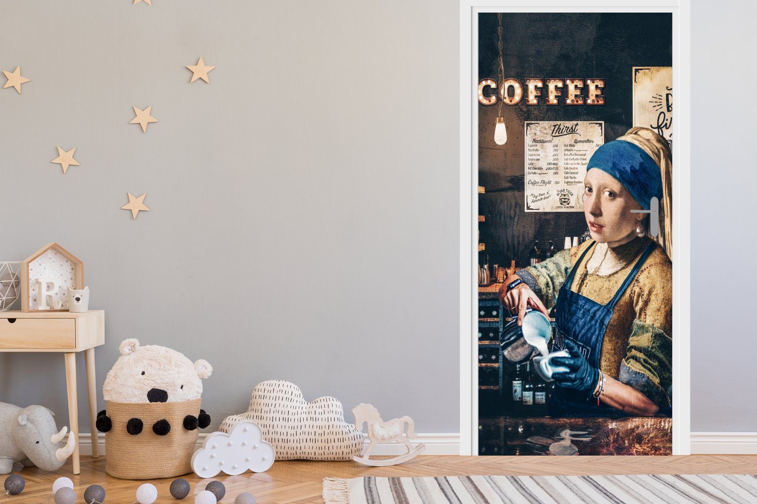 St), - Barista Fototapete 75x205 Kaffee - - Vermeer Türtapete Cappuccino Mädchen Matt, mit (1 Türaufkleber, -, bedruckt, - für Tür, MuchoWow cm Perlenohrring