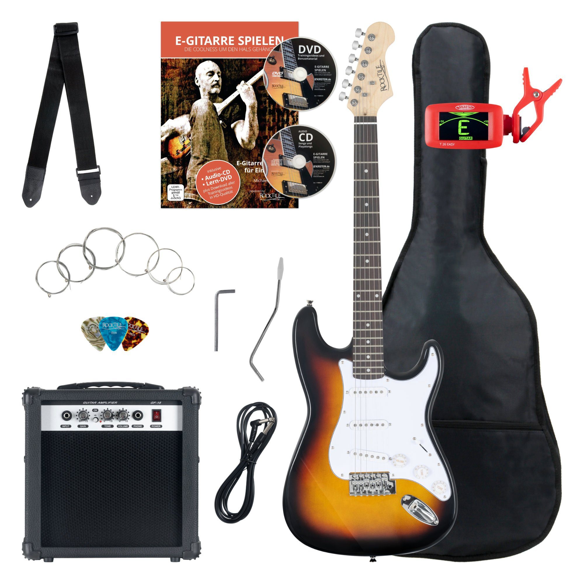 Rocktile E-Gitarre ST-Pack Komplettset E-Gitarre - Ideal für kommende Gitarren-Stars!, Komplettset, inkl. 10 Watt (RMS) Verstärker und Stimmgerät
