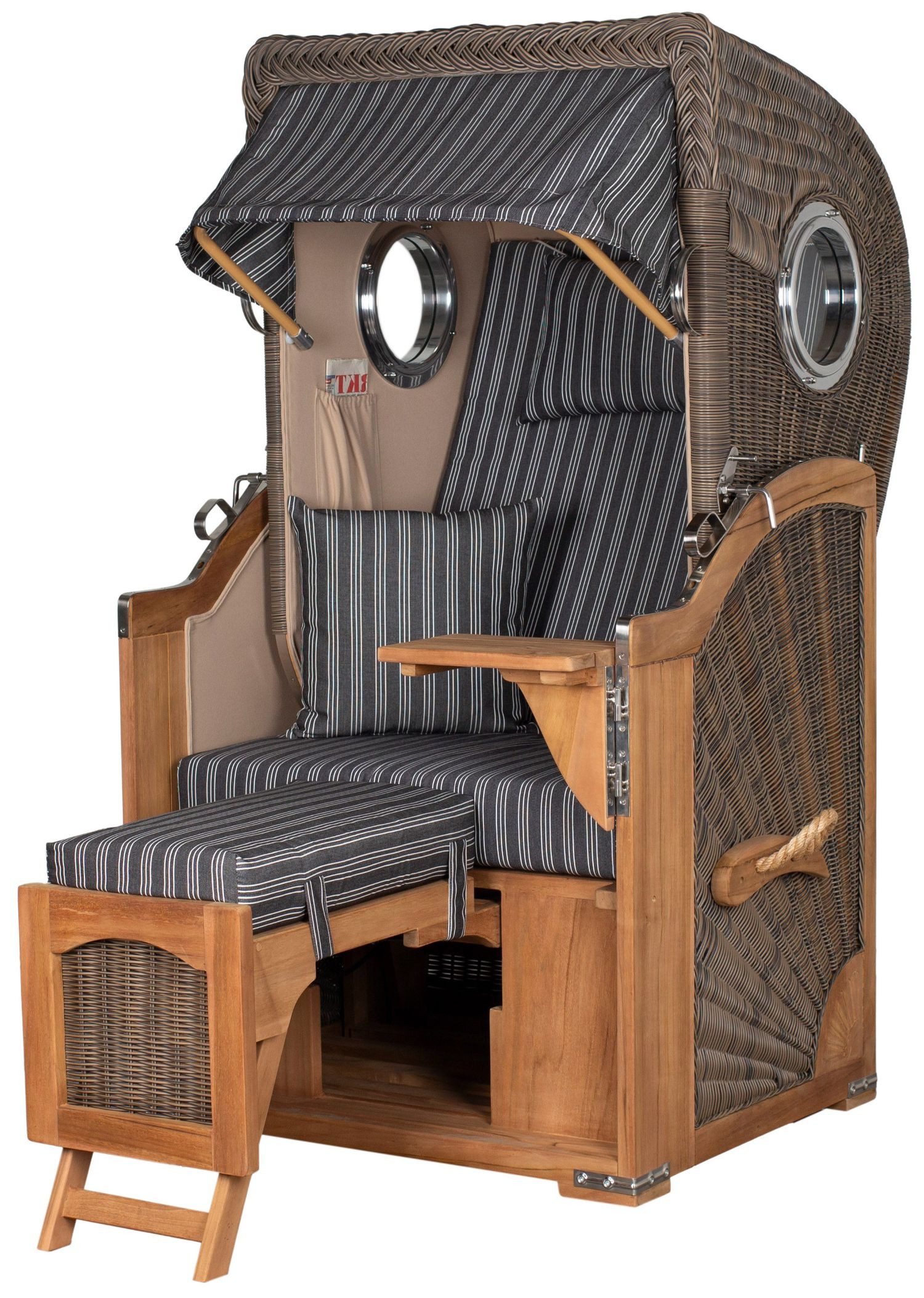 bene living Strandkorb Ammersee 1-Sitzer Teak - PE grau - Modell 500, BxTxH: 96x80x165 cm, Volllieger ca. 175 Grad, Ostsee-Strandkorb Komplettset, Liftersystem, Windschutzfolie, Bullaugen, bequeme Polsterung