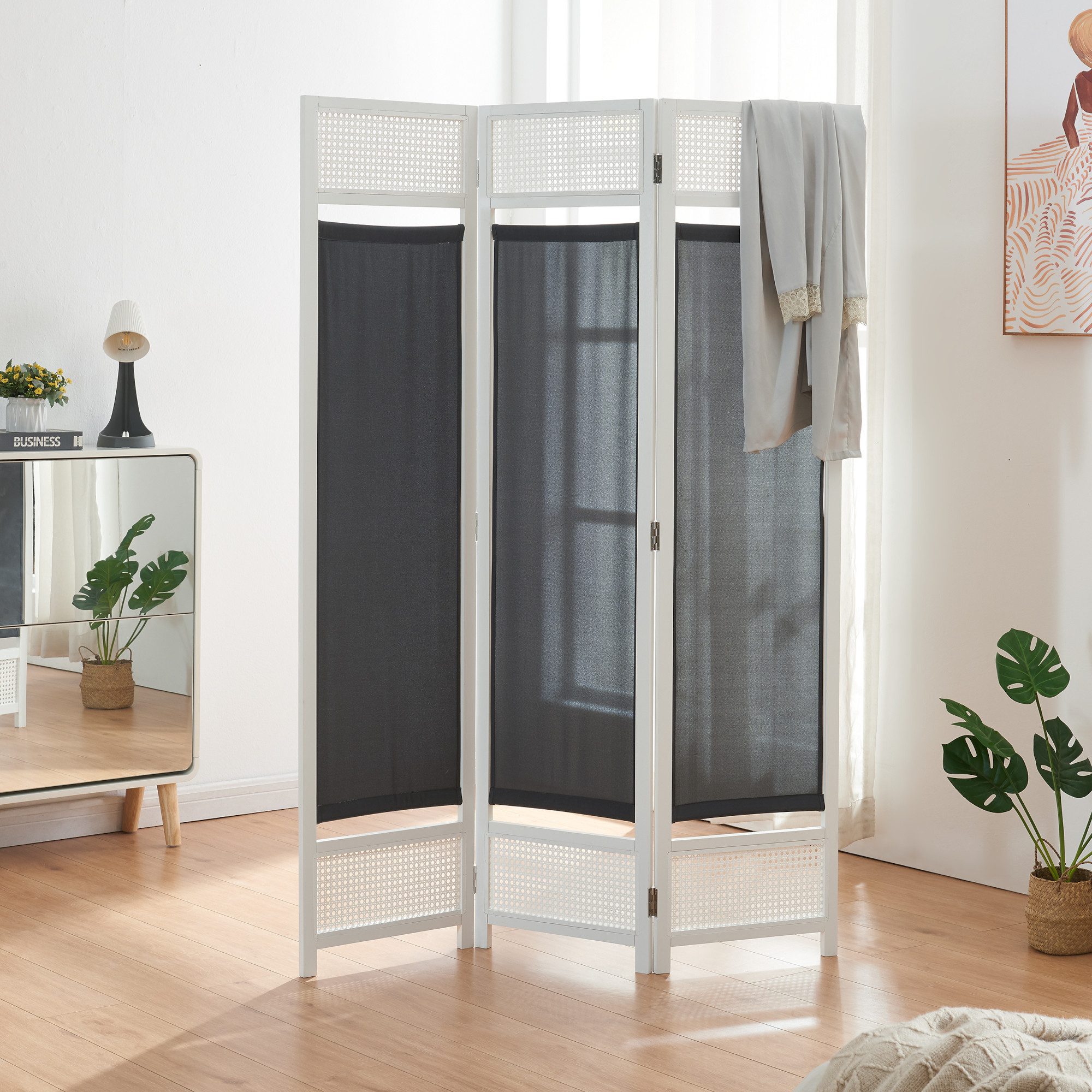 en.casa Paravent, Paravent »Dorotea« 3-teilig 120x170 cm Weiß/Dunkelgrau günstig online kaufen