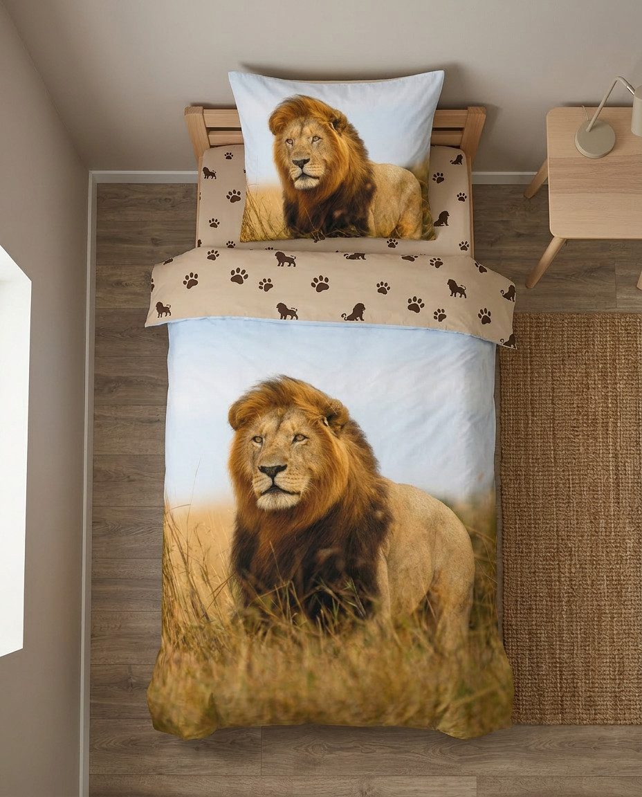 BrandMac Bettwäsche Löwe - Wende-Bettwäsche-Set, Raubkatze 135x200 & 80x80, Baumwolle, 100% Baumwolle