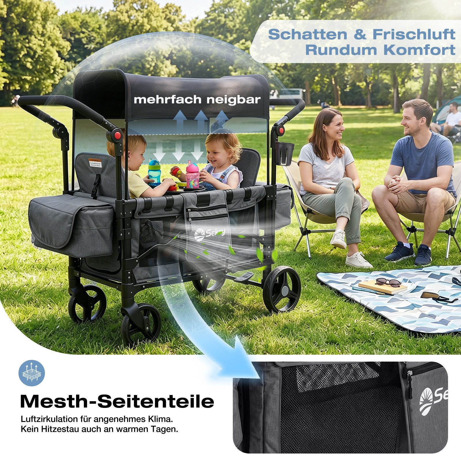 Sekey Bollerwagen für Kinder zum Sitzen, Bollerwagen Faltbar Kinderwagen für 2 Kinder, Duo Schiebegriff Kinderwagen mit 2 integrierten 5-Punkt-Gurtsystem