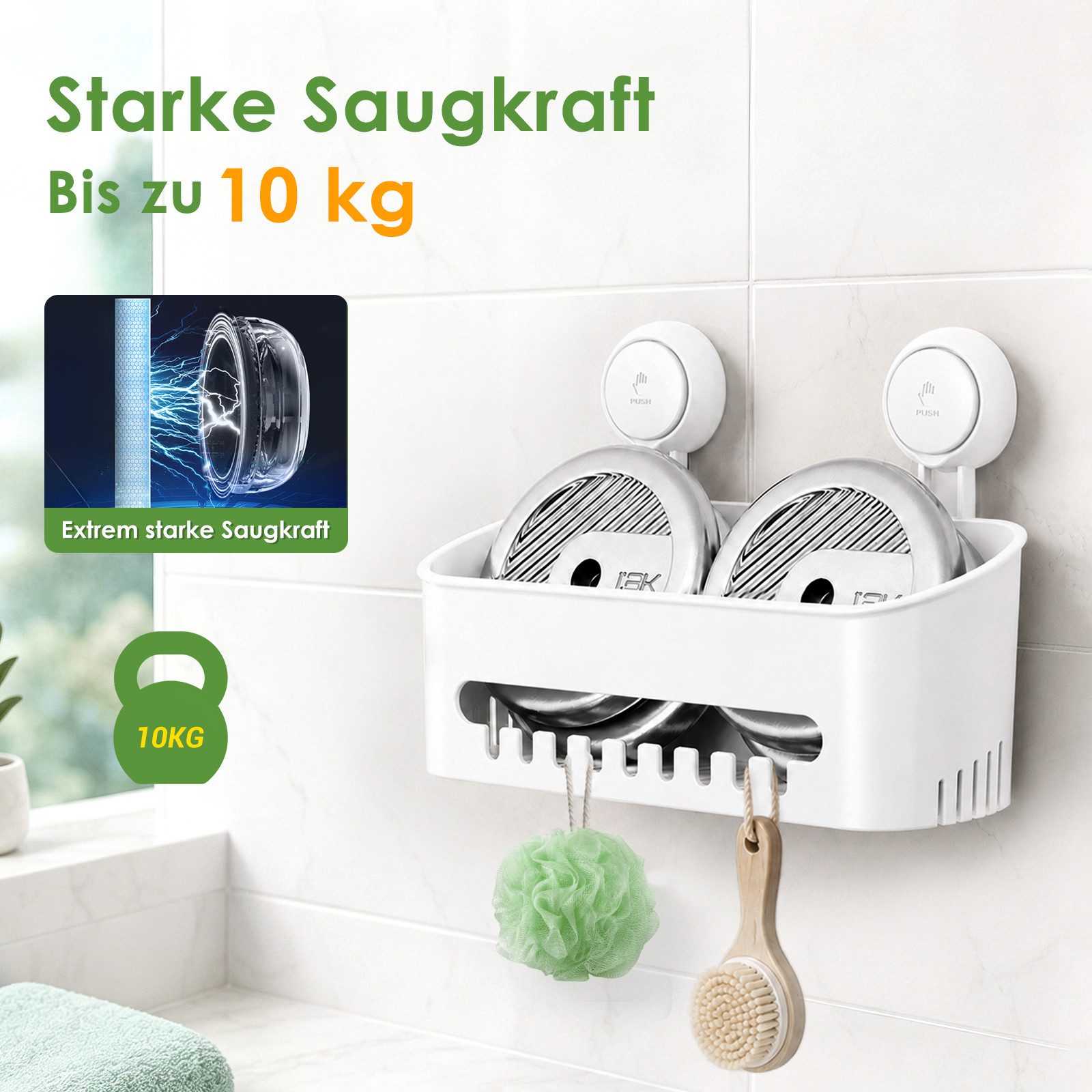 Elegear Duschkorb Saugnapf Duschablage, Duschregal Ohne Bohren, Badregal Kunststoff (1 St), Badezimmer Regal Organizer, Weiß/grau duschablage, Küchenregal 10KG
