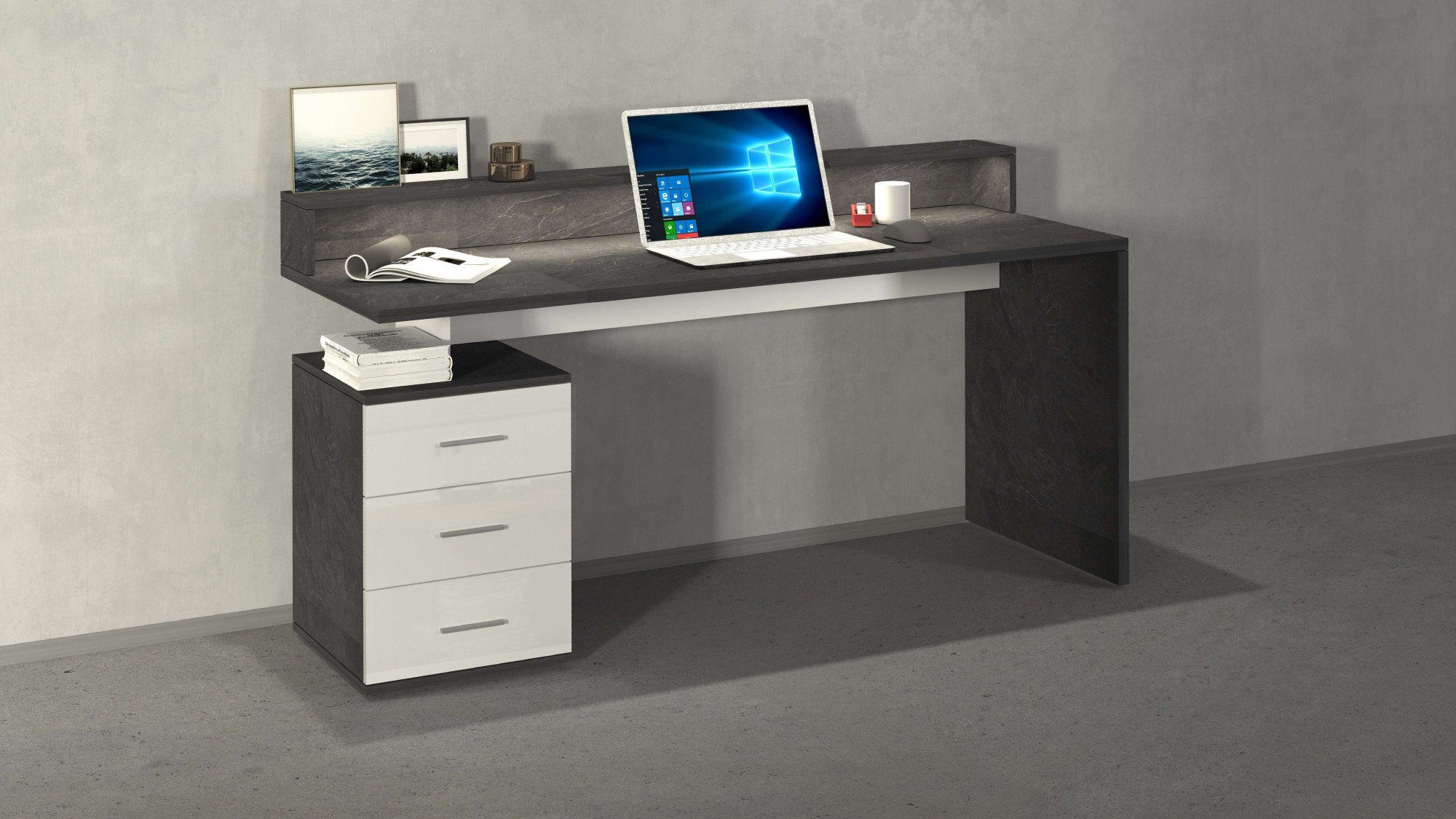 Tecnos Schreibtisch NEW SELINA, mit Schreibtischaufsatz, hochwertiges ital. Design, Breite 160 cm schiefer/weiß hochglanz