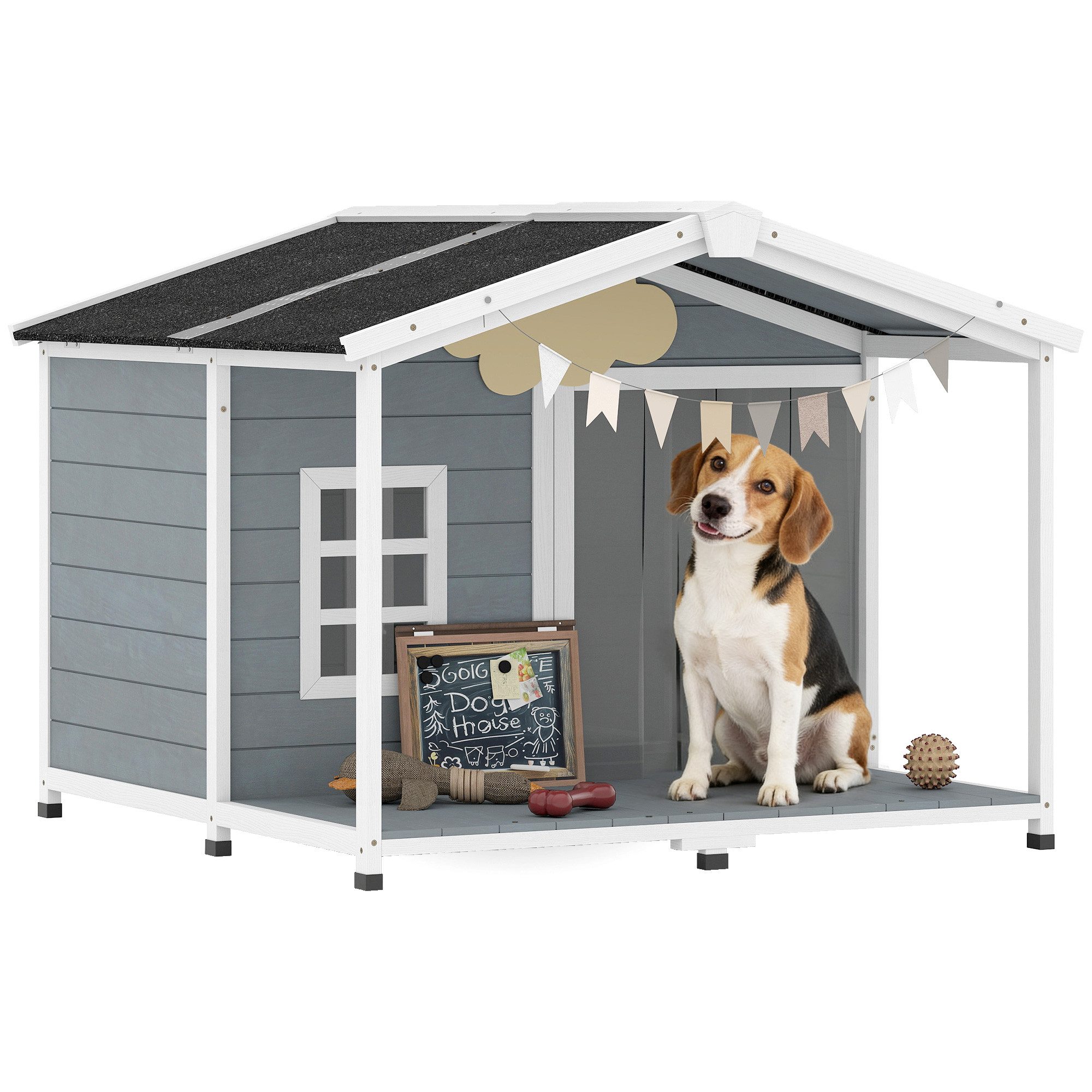 PawHut Hundehütte Erhöhtes Hundehaus aus Holz mit Asphaltdach, Terrasse, Fenster, für mittelgroße Hunde bis 20 kg 103 x 107 x 83,5 cm Grau